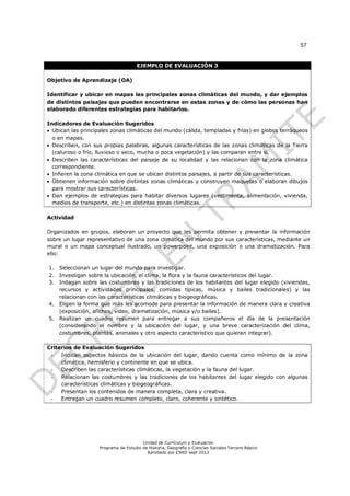 57


                                      EJEMPLO DE EVALUACIÓN 3

Objetivo de Aprendizaje (OA)

Identificar y ubicar en mapas las principales zonas climáticas del mundo, y dar ejemplos
de distintos paisajes que pueden encontrarse en estas zonas y de cómo las personas han
elaborado diferentes estrategias para habitarlos.

Indicadores de Evaluación Sugeridos
 Ubican las principales zonas climáticas del mundo (cálida, templadas y frías) en globos terráqueos
  o en mapas.
 Describen, con sus propias palabras, algunas características de las zonas climáticas de la Tierra
  (caluroso o frío, lluvioso o seco, mucha o poca vegetación) y las comparan entre sí.
 Describen las características del paisaje de su localidad y las relacionan con la zona climática
  correspondiente.
 Infieren la zona climática en que se ubican distintos paisajes, a partir de sus características.
 Obtienen información sobre distintas zonas climáticas y construyen maquetas o elaboran dibujos
  para mostrar sus características.
 Dan ejemplos de estrategias para habitar diversos lugares (vestimenta, alimentación, vivienda,
  medios de transporte, etc.) en distintas zonas climáticas.

Actividad

Organizados en grupos, elaboran un proyecto que les permita obtener y presentar la información
sobre un lugar representativo de una zona climática del mundo por sus características, mediante un
mural o un mapa conceptual ilustrado, un powerpoint, una exposición o una dramatización. Para
ello:

1. Seleccionan un lugar del mundo para investigar.
2. Investigan sobre la ubicación, el clima, la flora y la fauna característicos del lugar.
3. Indagan sobre las costumbres y las tradiciones de los habitantes del lugar elegido (viviendas,
   recursos y actividades principales, comidas típicas, música y bailes tradicionales) y las
   relacionan con las características climáticas y biogeográficas.
4. Eligen la forma que más les acomode para presentar la información de manera clara y creativa
   (exposición, afiches, video, dramatización, música y/o bailes).
5. Realizan un cuadro resumen para entregar a sus compañeros el día de la presentación
   (considerando el nombre y la ubicación del lugar, y una breve caracterización del clima,
   costumbres, plantas, animales y otro aspecto característico que quieran integrar).

Criterios de Evaluación Sugeridos
 - Indican aspectos básicos de la ubicación del lugar, dando cuenta como mínimo de la zona
     climática, hemisferio y continente en que se ubica.
 - Describen las características climáticas, la vegetación y la fauna del lugar.
 - Relacionan las costumbres y las tradiciones de los habitantes del lugar elegido con algunas
     características climáticas y biogeográficas.
 - Presentan los contenidos de manera completa, clara y creativa.
 - Entregan un cuadro resumen completo, claro, coherente y sintético.




                                        Unidad de Currículum y Evaluación
                    Programa de Estudio de Historia, Geografía y Ciencias Sociales Tercero Básico
                                          Aprobado por CNED sept 2012
 