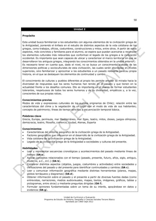 58


                                                   Unidad 2

Propósito

Esta unidad busca familiarizar a los estudiantes con algunos elementos de la civilización griega de
la Antigüedad, poniendo el énfasis en el estudio de distintos aspectos de la vida cotidiana de los
griegos, como trabajos, oficios, costumbres, construcciones y mitos, entre otros. A partir de estos
aspectos, más concretos y familiares para el alumno, se espera que puedan acercarse a reconocer
los elementos culturales más relevantes que conforman el legado de los griegos a la civilización
occidental. Es importante que sean capaces de ubicar y caracterizar el marco territorial en que se
desarrollaron los antiguos griegos, integrando los conocimientos obtenidos en la unidad anterior.
Es necesario tener en cuenta que, dado el nivel, no se busca un conocimiento acabado de las
dimensiones políticas y socioculturales de esta civilización, las cuales serán abordadas en niveles
superiores, sino familiarizar y aproximar a los estudiantes a un pasado relevante para su propia
historia, en el que se destaquen los elementos de continuidad y cambio.

El conocimiento de culturas y pueblos diferentes al propio les permite ampliar su mirada hacia la
diversidad de respuestas que los seres humanos han tenido en el pasado y que tienen en la
actualidad frente a los desafíos comunes. Ello es importante en el marco de formar estudiantes
tolerantes, respetuosos de todos los seres humanos y de su diversidad, empáticos y, a la vez,
conscientes de sus propias raíces.

Conocimientos previos
Modos de vida y expresiones culturales de los pueblos originarios de Chile); relación entre las
características del clima y la vegetación de un lugar con el modo de vida de sus habitantes;
concepto de patrimonio; líneas de tiempo sencillas y secuenciación temporal básica.

Palabras clave
Grecia, Europa, península, mar Mediterráneo, mar Egeo, teatro, mitos, dioses, juegos olímpicos,
democracia, teatro, filosofía, comercio, ciudad, Atenas, Esparta

Conocimientos
  Características del entorno geográfico de la civilización griega de la Antigüedad.
  Factores geográficos que influyeron en el desarrollo de la civilización griega de la Antigüedad.
  Vida cotidiana de la civilización griega de la Antigüedad.
  Legado de la civilización griega de la Antigüedad a sociedades y culturas del presente.

Habilidades
  Leer y representar secuencias cronológicas y acontecimientos del pasado mediante líneas de
   tiempo (OA a).
  Aplicar conceptos relacionados con el tiempo (pasado, presente, futuro, años, siglo, antiguo,
   moderno, a.C., d.C.) (OA b).
  Comparar distintos aspectos (objetos, juegos, costumbres y actividades) entre sociedades y
   civilizaciones del pasado y del presente para identificar continuidades y cambios (OA c).
  Leer y comunicar información geográfica mediante distintas herramientas (planos, mapas,
   globos terráqueos y diagramas) (OA d).
  Obtener información sobre el pasado y el presente a partir de diversas fuentes dadas (como
   entrevistas, narraciones, medios audiovisuales, mapas, textos, imágenes, gráficos, tablas y
   pictogramas, entre otros) y mediante preguntas dirigidas (OA f).
  Formular opiniones fundamentadas sobre un tema de su interés, apoyándose en datos y
   evidencia (OA g).


                                       Unidad de Currículum y Evaluación
                   Programa de Estudio de Historia, Geografía y Ciencias Sociales Tercero Básico
                                         Aprobado por CNED sept 2012
 