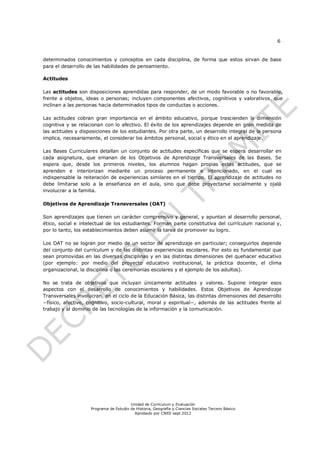 6


determinados conocimientos y conceptos en cada disciplina, de forma que estos sirvan de base
para el desarrollo de las habilidades de pensamiento.

Actitudes

Las actitudes son disposiciones aprendidas para responder, de un modo favorable o no favorable,
frente a objetos, ideas o personas; incluyen componentes afectivos, cognitivos y valorativos, que
inclinan a las personas hacia determinados tipos de conductas o acciones.

Las actitudes cobran gran importancia en el ámbito educativo, porque trascienden la dimensión
cognitiva y se relacionan con lo afectivo. El éxito de los aprendizajes depende en gran medida de
las actitudes y disposiciones de los estudiantes. Por otra parte, un desarrollo integral de la persona
implica, necesariamente, el considerar los ámbitos personal, social y ético en el aprendizaje.

Las Bases Curriculares detallan un conjunto de actitudes específicas que se espera desarrollar en
cada asignatura, que emanan de los Objetivos de Aprendizaje Transversales de las Bases. Se
espera que, desde los primeros niveles, los alumnos hagan propias estas actitudes, que se
aprenden e interiorizan mediante un proceso permanente e intencionado, en el cual es
indispensable la reiteración de experiencias similares en el tiempo. El aprendizaje de actitudes no
debe limitarse solo a la enseñanza en el aula, sino que debe proyectarse socialmente y ojalá
involucrar a la familia.

Objetivos de Aprendizaje Transversales (OAT)

Son aprendizajes que tienen un carácter comprensivo y general, y apuntan al desarrollo personal,
ético, social e intelectual de los estudiantes. Forman parte constitutiva del currículum nacional y,
por lo tanto, los establecimientos deben asumir la tarea de promover su logro.

Los OAT no se logran por medio de un sector de aprendizaje en particular; conseguirlos depende
del conjunto del currículum y de las distintas experiencias escolares. Por esto es fundamental que
sean promovidas en las diversas disciplinas y en las distintas dimensiones del quehacer educativo
(por ejemplo: por medio del proyecto educativo institucional, la práctica docente, el clima
organizacional, la disciplina o las ceremonias escolares y el ejemplo de los adultos).

No se trata de objetivos que incluyan únicamente actitudes y valores. Supone integrar esos
aspectos con el desarrollo de conocimientos y habilidades. Estos Objetivos de Aprendizaje
Transversales involucran, en el ciclo de la Educación Básica, las distintas dimensiones del desarrollo
−físico, afectivo, cognitivo, socio-cultural, moral y espiritual−, además de las actitudes frente al
trabajo y al dominio de las tecnologías de la información y la comunicación.




                                        Unidad de Currículum y Evaluación
                    Programa de Estudio de Historia, Geografía y Ciencias Sociales Tercero Básico
                                          Aprobado por CNED sept 2012
 