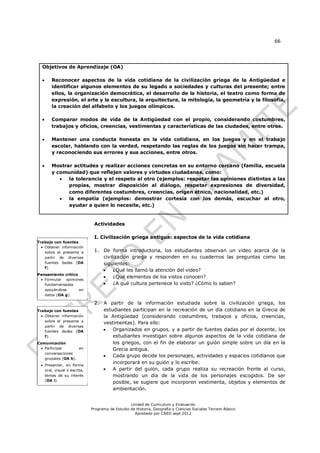 66




  Objetivos de Aprendizaje (OA)

      Reconocer aspectos de la vida cotidiana de la civilización griega de la Antigüedad e
       identificar algunos elementos de su legado a sociedades y culturas del presente; entre
       ellos, la organización democrática, el desarrollo de la historia, el teatro como forma de
       expresión, el arte y la escultura, la arquitectura, la mitología, la geometría y la filosofía,
       la creación del alfabeto y los juegos olímpicos.

      Comparar modos de vida de la Antigüedad con el propio, considerando costumbres,
       trabajos y oficios, creencias, vestimentas y características de las ciudades, entre otros.

      Mantener una conducta honesta en la vida cotidiana, en los juegos y en el trabajo
       escolar, hablando con la verdad, respetando las reglas de los juegos sin hacer trampa,
       y reconociendo sus errores y sus acciones, entre otros.

      Mostrar actitudes y realizar acciones concretas en su entorno cercano (familia, escuela
       y comunidad) que reflejen valores y virtudes ciudadanas, como:
            la tolerancia y el respeto al otro (ejemplos: respetar las opiniones distintas a las
             propias, mostrar disposición al diálogo, respetar expresiones de diversidad,
             como diferentes costumbres, creencias, origen étnico, nacionalidad, etc.)
            la empatía (ejemplos: demostrar cortesía con los demás, escuchar al otro,
             ayudar a quien lo necesite, etc.)


                              Actividades

                              I. Civilización griega antigua: aspectos de la vida cotidiana
Trabajo con fuentes
   Obtener información
    sobre el presente a       1. De forma introductoria, los estudiantes observan un video acerca de la
    partir de diversas           civilización griega y responden en su cuadernos las preguntas como las
    fuentes dadas (OA            siguientes:
    f).
                                     ¿Qué les llamó la atención del video?
Pensamiento crítico
                                     ¿Qué elementos de los vistos conocen?
  Formular opiniones
   fundamentadas                     ¿A qué cultura pertenece lo visto? ¿Cómo lo saben?
   apoyándose       en
   datos (OA g).

                              2. A partir de la información estudiada sobre la civilización griega, los
Trabajo con fuentes              estudiantes participan en la recreación de un día cotidiano en la Grecia de
   Obtener información          la Antigüedad (considerando costumbres, trabajos y oficios, creencias,
    sobre el presente a
                                 vestimentas). Para ello:
    partir de diversas
    fuentes dadas (OA               Organizados en grupos, y a partir de fuentes dadas por el docente, los
    f).                              estudiantes investigan sobre algunos aspectos de la vida cotidiana de
Comunicación                         los griegos, con el fin de elaborar un guión simple sobre un día en la
  Participar       en               Grecia antigua.
   conversaciones
                                    Cada grupo decide los personajes, actividades y espacios cotidianos que
   grupales (OA h).
                                     incorporará en su guión y lo escribe.
  Presentar, en forma
   oral, visual o escrita,          A partir del guión, cada grupo realiza su recreación frente al curso,
   temas de su interés               mostrando un día de la vida de los personajes escogidos. De ser
   (OA i).
                                     posible, se sugiere que incorporen vestimenta, objetos y elementos de
                                     ambientación.


                                                 Unidad de Currículum y Evaluación
                             Programa de Estudio de Historia, Geografía y Ciencias Sociales Tercero Básico
                                                   Aprobado por CNED sept 2012
 
