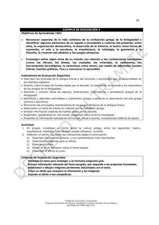 86


                                       EJEMPLO DE EVALUACIÓN 3
Objetivos de Aprendizaje (OA)

   Reconocer aspectos de la vida cotidiana de la civilización griega de la Antigüedad e
    identificar algunos elementos de su legado a sociedades y culturas del presente; entre
    ellos, la organización democrática, el desarrollo de la historia, el teatro como forma de
    expresión, el arte y la escultura, la arquitectura, la mitología, la geometría y la
    filosofía, la creación del alfabeto y los juegos olímpicos.

   Investigar sobre algún tema de su interés con relación a las civilizaciones estudiadas
    (como los héroes, los dioses, las ciudades, las viviendas, la vestimenta, las
    herramientas tecnológicas, la esclavitud, entre otros), por medio de diferentes fuentes
    (libros, fuentes gráficas, Tics) y comunicar lo aprendido.

Indicadores de Evaluación Sugeridos
 Describen las viviendas de la antigua Grecia y las funciones o actividades que se desarrollaban en
  sus distintos espacios.
 Ilustran, sobre la base de fuentes dadas por el docente, la vestimenta, la vivienda y las costumbres
  de los griegos de la Antigüedad.
 Nombran y conocen obras de algunos, dramaturgos, historiadores y pensadores griegos de la
  Antigüedad.
 Identifican y describen actividades y costumbres griegas a partir de la observación del arte griego
  (pintura y escultura).
 Reconocen las principales características de los juegos olímpicos de la Antigua Grecia.
 Seleccionan un tema de interés en relación con la civilización griega.
 Extraen información explícita de fuentes dadas por el docente.
 Responden, apoyándose en una fuente, preguntas sobre el tema investigado.
 Presentan la información extraída en forma oral, visual o escrita, incorporando material de apoyo.

Actividad
1. En grupos, investigan un tema sobre la cultura griega, entre los siguientes: teatro,
    arquitectura, mitología, vida familiar, juegos olímpicos, vivienda.
2. Elaboran un afiche, siguiendo las indicaciones dadas a continuación:
    a) Describen brevemente el tema y sus características más importantes.
    b) Seleccionan imágenes para su afiche.
    c) Elaboran el afiche.
    d) Eligen un título llamativo sobre el tema elegido.
    e) Presentan el afiche al curso.

Criterios de Evaluación Sugeridos
 - Delimitan un tema para investigar y se formulan preguntas guía.
 - Extraen información relevante del tema escogido, que responde a las preguntas formuladas.
 - Seleccionan o dibujan imágenes pertinentes relacionadas con el tema.
 - Crean un afiche que incorpore la información y las imágenes.
 - Exponen el afiche a sus compañeros.




                                        Unidad de Currículum y Evaluación
                    Programa de Estudio de Historia, Geografía y Ciencias Sociales Tercero Básico
                                          Aprobado por CNED sept 2012
 