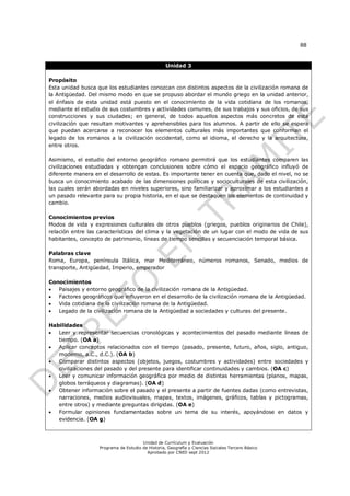 88


                                                   Unidad 3

Propósito
Esta unidad busca que los estudiantes conozcan con distintos aspectos de la civilización romana de
la Antigüedad. Del mismo modo en que se propuso abordar el mundo griego en la unidad anterior,
el énfasis de esta unidad está puesto en el conocimiento de la vida cotidiana de los romanos,
mediante el estudio de sus costumbres y actividades comunes, de sus trabajos y sus oficios, de sus
construcciones y sus ciudades; en general, de todos aquellos aspectos más concretos de esta
civilización que resultan motivantes y aprehensibles para los alumnos. A partir de ello se espera
que puedan acercarse a reconocer los elementos culturales más importantes que conforman el
legado de los romanos a la civilización occidental, como el idioma, el derecho y la arquitectura,
entre otros.

Asimismo, el estudio del entorno geográfico romano permitirá que los estudiantes comparen las
civilizaciones estudiadas y obtengan conclusiones sobre cómo el espacio geográfico influyó de
diferente manera en el desarrollo de estas. Es importante tener en cuenta que, dado el nivel, no se
busca un conocimiento acabado de las dimensiones políticas y socioculturales de esta civilización,
las cuales serán abordadas en niveles superiores, sino familiarizar y aproximar a los estudiantes a
un pasado relevante para su propia historia, en el que se destaquen los elementos de continuidad y
cambio.

Conocimientos previos
Modos de vida y expresiones culturales de otros pueblos (griegos, pueblos originarios de Chile),
relación entre las características del clima y la vegetación de un lugar con el modo de vida de sus
habitantes, concepto de patrimonio, líneas de tiempo sencillas y secuenciación temporal básica.

Palabras clave
Roma, Europa, península Itálica, mar Mediterráneo, números romanos, Senado, medios de
transporte, Antigüedad, Imperio, emperador

Conocimientos
  Paisajes y entorno geográfico de la civilización romana de la Antigüedad.
  Factores geográficos que influyeron en el desarrollo de la civilización romana de la Antigüedad.
  Vida cotidiana de la civilización romana de la Antigüedad.
  Legado de la civilización romana de la Antigüedad a sociedades y culturas del presente.

Habilidades
  Leer y representar secuencias cronológicas y acontecimientos del pasado mediante líneas de
   tiempo. (OA a)
  Aplicar conceptos relacionados con el tiempo (pasado, presente, futuro, años, siglo, antiguo,
   moderno, a.C., d.C.). (OA b)
  Comparar distintos aspectos (objetos, juegos, costumbres y actividades) entre sociedades y
   civilizaciones del pasado y del presente para identificar continuidades y cambios. (OA c)
  Leer y comunicar información geográfica por medio de distintas herramientas (planos, mapas,
   globos terráqueos y diagramas). (OA d)
  Obtener información sobre el pasado y el presente a partir de fuentes dadas (como entrevistas,
   narraciones, medios audiovisuales, mapas, textos, imágenes, gráficos, tablas y pictogramas,
   entre otros) y mediante preguntas dirigidas. (OA e)
  Formular opiniones fundamentadas sobre un tema de su interés, apoyándose en datos y
   evidencia. (OA g)



                                       Unidad de Currículum y Evaluación
                   Programa de Estudio de Historia, Geografía y Ciencias Sociales Tercero Básico
                                         Aprobado por CNED sept 2012
 