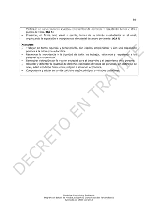 89


   Participar en conversaciones grupales, intercambiando opiniones y respetando turnos y otros
    puntos de vista. (OA h)
   Presentar, en forma oral, visual o escrita, temas de su interés o estudiados en el nivel,
    organizando la exposición e incorporando el material de apoyo pertinente. (OA i)

Actitudes
   Trabajar en forma rigurosa y perseverante, con espíritu emprendedor y con una disposición
    positiva a la crítica y la autocrítica.
   Reconocer la importancia y la dignidad de todos los trabajos, valorando y respetando a las
    personas que los realizan.
   Demostrar valoración por la vida en sociedad para el desarrollo y el crecimiento de la persona.
   Respetar y defender la igualdad de derechos esenciales de todas las personas, sin distinción de
    sexo, edad, condición física, etnia, religión o situación económica.
   Comportarse y actuar en la vida cotidiana según principios y virtudes ciudadanas.




                                       Unidad de Currículum y Evaluación
                   Programa de Estudio de Historia, Geografía y Ciencias Sociales Tercero Básico
                                         Aprobado por CNED sept 2012
 