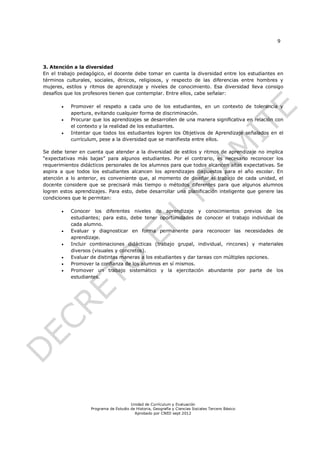 9




3. Atención a la diversidad
En el trabajo pedagógico, el docente debe tomar en cuenta la diversidad entre los estudiantes en
términos culturales, sociales, étnicos, religiosos, y respecto de las diferencias entre hombres y
mujeres, estilos y ritmos de aprendizaje y niveles de conocimiento. Esa diversidad lleva consigo
desafíos que los profesores tienen que contemplar. Entre ellos, cabe señalar:

          Promover el respeto a cada uno de los estudiantes, en un contexto de tolerancia y
           apertura, evitando cualquier forma de discriminación.
          Procurar que los aprendizajes se desarrollen de una manera significativa en relación con
           el contexto y la realidad de los estudiantes.
          Intentar que todos los estudiantes logren los Objetivos de Aprendizaje señalados en el
           currículum, pese a la diversidad que se manifiesta entre ellos.

Se debe tener en cuenta que atender a la diversidad de estilos y ritmos de aprendizaje no implica
“expectativas más bajas” para algunos estudiantes. Por el contrario, es necesario reconocer los
requerimientos didácticos personales de los alumnos para que todos alcancen altas expectativas. Se
aspira a que todos los estudiantes alcancen los aprendizajes dispuestos para el año escolar. En
atención a lo anterior, es conveniente que, al momento de diseñar el trabajo de cada unidad, el
docente considere que se precisará más tiempo o métodos diferentes para que algunos alumnos
logren estos aprendizajes. Para esto, debe desarrollar una planificación inteligente que genere las
condiciones que le permitan:

          Conocer los diferentes niveles de aprendizaje y conocimientos previos de los
           estudiantes; para esto, debe tener oportunidades de conocer el trabajo individual de
           cada alumno.
          Evaluar y diagnosticar en forma permanente para reconocer las necesidades de
           aprendizaje.
          Incluir combinaciones didácticas (trabajo grupal, individual, rincones) y materiales
           diversos (visuales y concretos).
          Evaluar de distintas maneras a los estudiantes y dar tareas con múltiples opciones.
          Promover la confianza de los alumnos en sí mismos.
          Promover un trabajo sistemático y la ejercitación abundante por parte de los
           estudiantes.




                                       Unidad de Currículum y Evaluación
                   Programa de Estudio de Historia, Geografía y Ciencias Sociales Tercero Básico
                                         Aprobado por CNED sept 2012
 