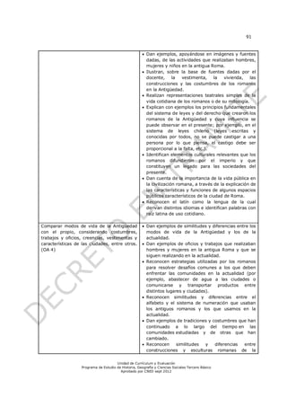 91



                                                       Dan ejemplos, apoyándose en imágenes y fuentes
                                                        dadas, de las actividades que realizaban hombres,
                                                        mujeres y niños en la antigua Roma.
                                                       Ilustran, sobre la base de fuentes dadas por el
                                                        docente,      la  vestimenta,    la   vivienda,   las
                                                        construcciones y las costumbres de los romanos
                                                        en la Antigüedad.
                                                       Realizan representaciones teatrales simples de la
                                                        vida cotidiana de los romanos o de su mitología.
                                                       Explican con ejemplos los principios fundamentales
                                                        del sistema de leyes y del derecho que crearon los
                                                        romanos de la Antigüedad y cuya influencia se
                                                        puede observar en el presente; por ejemplo, en el
                                                        sistema de leyes chileno (leyes escritas y
                                                        conocidas por todos, no se puede castigar a una
                                                        persona por lo que piensa, el castigo debe ser
                                                        proporcional a la falta, etc.).
                                                       Identifican elementos culturales relevantes que los
                                                        romanos difundieron por el imperio y que
                                                        constituyen un legado para las sociedades del
                                                        presente.
                                                       Dan cuenta de la importancia de la vida pública en
                                                        la civilización romana, a través de la explicación de
                                                        las características y funciones de algunos espacios
                                                        públicos característicos de la ciudad de Roma.
                                                       Reconocen el latín como la lengua de la cual
                                                        derivan distintos idiomas e identifican palabras con
                                                        raíz latina de uso cotidiano.

Comparar modos de vida de la Antigüedad                Dan ejemplos de similitudes y diferencias entre los
con el propio, considerando costumbres,                 modos de vida de la Antigüedad y los de la
trabajos y oficios, creencias, vestimentas y            actualidad.
características de las ciudades, entre otros.          Dan ejemplos de oficios y trabajos que realizaban
(OA 4)                                                  hombres y mujeres en la antigua Roma y que se
                                                        siguen realizando en la actualidad.
                                                       Reconocen estrategias utilizadas por los romanos
                                                        para resolver desafíos comunes a los que deben
                                                        enfrentar las comunidades en la actualidad (por
                                                        ejemplo, abastecer de agua a las ciudades o
                                                        comunicarse y transportar productos entre
                                                        distintos lugares y ciudades).
                                                       Reconocen similitudes y diferencias entre el
                                                        alfabeto y el sistema de numeración que usaban
                                                        los antiguos romanos y los que usamos en la
                                                        actualidad.
                                                       Dan ejemplos de tradiciones y costumbres que han
                                                        continuado a lo largo del tiempo en las
                                                        comunidades estudiadas y de otras que han
                                                        cambiado.
                                                       Reconocen      similitudes  y    diferencias entre
                                                        construcciones y esculturas romanas de la

                                      Unidad de Currículum y Evaluación
                  Programa de Estudio de Historia, Geografía y Ciencias Sociales Tercero Básico
                                        Aprobado por CNED sept 2012
 