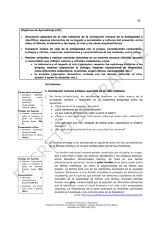 98



   Objetivos de Aprendizaje (OA)

      Reconocer aspectos de la vida cotidiana de la civilización romana de la Antigüedad e
       identificar algunos elementos de su legado a sociedades y culturas del presente; entre
       ellos, el idioma, el derecho y las leyes, el arte y las obras arquitectónicas.

      Comparar modos de vida de la Antigüedad con el propio, considerando costumbres,
       trabajos y oficios, creencias, vestimentas y características de las ciudades, entre otros.

      Mostrar actitudes y realizar acciones concretas en su entorno cercano (familia, escuela
       y comunidad) que reflejen valores y virtudes ciudadanas, como:
            la tolerancia y el respeto al otro (ejemplos: respetar las opiniones distintas a las
             propias, mostrar disposición al diálogo, respetar expresiones de diversidad,
             como diferentes costumbres, creencias, origen étnico, nacionalidad, etc.)
            la empatía (ejemplos: demostrar cortesía con los demás, escuchar al otro,
             ayudar a quien lo necesite, etc.)

                            Actividades


Pensamiento temporal
                            I. Civilización romana antigua: aspectos de la vida cotidiana
  Comparar     distintos
   aspectos        entre    1. De forma introductoria, los estudiantes observan un video acerca de la
   sociedades           e      civilización romana y responden en su cuadernos preguntas como las
   identificar                 siguientes:
   continuidades        y
   cambios (OA c).
                                  ¿Qué les llamó la atención del video?
Trabajo con fuentes
                                  ¿Qué elementos de los vistos conocen?
   Obtener información           ¿A qué cultura pertenece lo visto? ¿Cómo lo saben?
    sobre el presente a           ¿Saben o han escuchado información adicional sobre esta civilización?
    partir de diversas
                                     ¿Cuál?
    fuentes dadas (OA
    f).                           ¿Por qué cree que hoy, después de tantos años, estudiamos el Imperio
Pensamiento crítico                  Romano?
  Formular  opiniones            ¿Por qué obras arquitectónicas son conocidos los romanos?
   fundamentadas
   apoyándose en datos
   (OA g).

                            2. El docente entrega a los estudiantes el siguiente texto con las características
                               de la familia romana y el rol que cumple cada uno de sus miembros.

                                     “La familia tradicional romana estaba constituida por el padre, su mujer,
                                     dos o tres hijos o hijas, los esclavos domésticos y los antiguos esclavos,
Trabajo con fuentes                  ahora liberados, denominados libertos. Se trata de una familia
   Obtener información
                                     absolutamente patriarcal, donde el pater familias tiene pleno poder sobre
    sobre el presente a
    partir de diversas               los demás miembros, así como la disponibilidad de los bienes que
    fuentes dadas (OA                poseen. La familia será uno de los elementos esenciales de la sociedad
    f).                              romana. Pertenecer a una familia vinculaba la posesión de derechos de
Comunicación                         ciudadanía, por lo que los que perdían los derechos ciudadanos se veían
  Participar       en
   conversaciones
                                     excluidos de la posibilidad de formar una familia. Diversas familias
   grupales (OA h).                  forman una gens, caracterizada por la posesión de diferentes elementos
  Presentar, en forma               que la identifican, como el ritual funerario o el culto a los antepasados
   oral, visual o escrita            comunes. La importancia de la gens alcanzará su momento culminante
   (OA i).
                                     durante la monarquía y los primeros años de la República”.
                                                          Fuente: http://www.artehistoria.jcyl.es/civilizaciones/contextos/8050.htm



                                                Unidad de Currículum y Evaluación
                            Programa de Estudio de Historia, Geografía y Ciencias Sociales Tercero Básico
                                                  Aprobado por CNED sept 2012
 