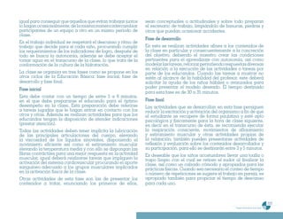 igual para conseguir que aquellos que evitan trabajar juntos   sean conceptuales o actitudinales y sobre todo preparan
lo hagan ocasionalmente, de la misma manera intercambiar       el escenario de trabajo, limpiándolo de basuras, piedras y
participantes de un equipo a otro en un mismo periodo de       otros que puedan ocasionar accidentes.
clase.
                                                               Fase de desarrollo
En el trabajo individual se respetará el descanso y ritmo de
trabajo que decide para sí cada niño, procurando cumplir       En esta se realizan actividades afines a los contenidos de
los requerimientos de los indicadores de logro, después de     la clase en particular y consecuentemente a la concreción
todo se busca la autonomía, además se debe aceptar el          del objetivo, debiendo el maestro crear las condiciones
tomar agua en el transcurso de la clase, lo que trata de la    pertinentes para el aprendizaje con autonomía, así como
conformación de la cultura de la hidratación.                  modelar las tareas, reforzar permitiendo respuestas diversas
                                                               en relación a la ejecución de las actividades o tareas por
La clase se organiza en tres fases como se propone en los      parte de los educandos. Cuando las tareas a mostrar no
otros ciclos de la Educación Básica: fase inicial, fase de     estén al alcance de la habilidad del profesor, este deberá
desarrollo y fase final.                                       solicitar la ayuda de los niños hábiles o avanzados para
Fase inicial                                                   poder presentar el modelo deseado. El tiempo destinado
                                                               para esta fase es de 30 a 35 minutos.
Esta debe contar con un tiempo de entre 5 a 8 minutos,
en el que debe prepararse el educando para el óptimo           Fase final
desempeño en la clase. Esta preparación debe referirse         Las actividades que se desarrollan en esta fase persiguen
a tareas jugadas que le hagan entrar en contacto con los       reducir la excitación y activación del organismo a fin de que
otros y otras. Además se realizan actividades para que los     el estudiante se recupere de forma paulatina y esté apto
educandos tengan la disposición de atender indicaciones        psicológica y físicamente para la hora de clase siguiente,
(prestar atención).                                            es decir en el transcurso de ésta, se recomienda ejecutar
Todas las actividades deben tener implícita la lubricación     la respiración consciente, movimientos de aflojamiento
de las principales articulaciones del cuerpo, elevando         y estiramiento muscular y otras actividades propias de
la viscosidad de los líquidos sinoviales, disponiendo el       la relajación; también pueden presentarse actividades de
movimiento eficiente así como el estiramiento muscular         reflexión y evaluación sobre los contenidos desarrollados y
elevando la temperatura media y con ello se dispongan las      su participación, para ello se destinarán entre 3 y 5 minutos.
fibras contráctiles para una mejor respuesta en la actividad   Es deseable que los niños acostumbren llevar una toalla o
muscular, igual deberá realizarse tareas que impliquen la      trapo limpio con el cual se retiren el sudor al finalizar la
activación del sistema cardiovascular procurando el aporte     clase, así como un calzado cómodo y apropiados para las
sanguíneo adecuado a los grupos musculares implicados          prácticas físicas. Cuando sea necesario el conteo de tiempo
en la activación física de la clase.                           o número de repeticiones se sugiere el trabajo en pareja, es
Otras actividades de esta fase son las de presentar los        apropiado también para propiciar el tiempo de descanso
contenidos a tratar, enunciando los primeros de ellos,         para cada uno.



                                                                                                                                                    225
                                                                                                              Programa de estudio de quinto grado
 