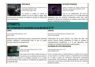 DOG BALLS                                                                       OUTCAST SHADOW
                             Escuela de Cinematografía y del Audiovisual de la                               Instituto Tecnológico de Estudios Superiores de
                             Comunidad de Madrid | 4’08”                                                     Monterrey, campus Estado de México | 9’10”
                             Ernesto Felipe y Hugo Llamas                                                    Daniel Farrera Saldaña

                      Un asesino a sueldo va cobrar un                              Irvin es un adolescente, de carne y
                      trabajo, el cual le niegan a pagar. Bajo                      hueso, que vive en un mundo lleno de
el lema de los accidentes no existen el asesino se cobrara de habitantes que son sombras, haciéndolo sentir solo. Irvin
una u otra forma.                                              descubre la forma de convertirse en sombra como todos los
                                                               demás, cambiando lo esencial de sí.

EXPERIMENTAL
Diez cortometrajes de experimental con una duración de 69´04”
100ºC                                                                            CARTAS
Universidad del Valle de México | 1’10”                                          Benemérita Universidad Autónoma de Puebla | 8’40”
Mario A. Nava                                                                    Omar Urcid Hernández

Stopmotion que experimenta visual y sonoramente utilizando Influenciado de la obra literario “Las Flores del Mal” del
sonidos cotidianos, interpretando todo lo que se puede escritor francés Charles Baudelaire; el video se traslada a
escuchar mientras se prepara el té.                        interpretaciones metafóricas y a la vez figurativas que
                                                           emergen en múltiples apreciaciones audiovisuales.
                          ANTÍTESIS                                              ALEGORÍA DE LOS CONTRARIOS
                          FADU, Universidad de Buenos Aires | 11’30”             Universidad Iberoamericana | 1’51”
                          Natalia de la Vega                                     Alberto Delgado de Ita

                      Una mujer cae al piso y antes de que su                    El mar, su oleaje cíclico, su andar hipnótico, su belleza. Poco a poco
                      muerte ocurra, es víctima de una lucha en                  se nos arrastra a un cordero muerto. La importancia de lo terrible
su interior: la violencia y la soledad irrumpen en su cuerpo                     en lo bello a partir de contrarios; vida-muerte, eternidad-
transformándolo. Esto sucede en la milésima de segundo que                       transitoriedad. finitud-infinitud, agrado-desagrado, bello-terrible,
le queda de vida.                                                                orden-caos y cómo todos interactúan detrás del velo de la belleza,
                                                                                 forjando lo sublime.
 