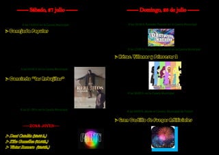 Las Atracciones estarán al precio de 2 € Las Atracciones estarán al precio de 2 €
A las 13:30 h. en la Caseta Municipal
A las 01: 00 h. en la Caseta Municipal
A las 00:00 h. en la Caseta Municipal
A las 00:00 h. desde el Campo Municipal de Fútbol
A las 00:00 h. en la Caseta Municipal
A las 22:00 h. Espectáculo Infantil en la Caseta Municipal
➢ Conejada Popular
➢ Gran Castillo de Fuegos Artificiales
➢ Héros, Villanos y Princesas 2
*Conejos donados y guisados por la Peña de Cazadores Malvis
➢ Concierto “Los Rebujitos”
*Actuación del Trío “Salero”
*Actuación del Trío “Salero”
A las 20:30 h. Karaoke Popular en la Caseta Municipal
➢ Dani Catalán (23:30 h.)
➢ Kike González (01:30h.)
➢ Víctor Romero (02:30h.)
*Grupo de Baile “Raíces de Benalup”
*Actuación de “Sara A´socaire”
-----Zona Joven----
------ Sábado, 27 julio ------ ------ Domingo, 28 de julio ------
 