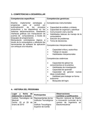 3.- COMPETENCIAS A DESARROLLAR
Competencias especificas:
Diseñar, implementar estrategias y
programas para el control y/o
automatización de los procesos
productivos y los dispositivos en los
sistemas electromecánicos. Diseñando
interfaces gráficas con manipulación de
puertos de computadoras, a través de
lenguajes de programación.
Manipulando controladores lógicos a
través de la computadora y utilizando las
herramientas de software de aplicación
con enfoque a la industria.
Competencias genéricas:
Competencias instrumentales:
• Capacidad de análisis y síntesis
• Capacidad de organizar y planificar
• Comunicación oral y escrita
• Habilidades básicas de manejo de la
computadora
• Solución de problemas
• Toma de decisiones.
Competencias interpersonales:
• Capacidad crítica y autocrítica
• Trabajo en equipo
• Habilidades interpersonales
Competencias sistémicas
• Capacidad de aplicar los
conocimientos en la práctica
• Habilidades de investigación
• Capacidad de aprender
• Capacidad de generar nuevas
ideas (creatividad)
• Habilidad para trabajar en forma
autónoma
• Búsqueda del logro
4.- HISTORIA DEL PROGRAMA
Lugar y fecha de
elaboración o revisión
Participantes
Observaciones
(cambios y justificación)
Instituto Tecnológico de
Mexicali
Fecha: 25 al 29 de
Enero de 2010
Representantes de los
Institutos Tecnológicos
de:
Instituto Tecnológico
Superior de Centla
Reunión nacional de Diseño
e innovación curricular de la
carrera de Ingeniería en
Electromecánica
 