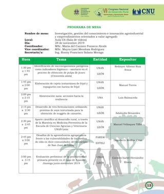 13
PROGRAMA DE MESA
Nombre de mesa: Investigación, gestión del conocimiento e innovación agroindustrial
y emprendimientos orientados a valor agregado
Local: Aula C6 (Sala de videos)
Día: 28 de noviembre 2019
Coordinador: MSc. María del Carmen Fonseca Alcalá
Vice coordinador: MSc. Mayra Lizet Mendoza Rodríguez
Secretario/a: Ing. Ronny Francisco Solano Moraga
Hora Tema Entidad Expositor
1:30 pm
a 1:45
pm
Identificación de microorganismos patógenos
como indicadores higiénico – sanitario en el
proceso de obtención de pulpa de jícaro
(Crescentia alata)
UNAN
LEÓN
Redinyer Alfonso Ruiz
Arauz
1:45 pm
a 2:00
pm
Elaboración de cajeta instantánea de frijol y
espaguetis con harina de frijol
UNAN
LEÓN
Manuel Torres
2:00 pm
a 2:15
pm
Alimentación sana: acciones hacia la
resiliencia
UNA Luis Balmaceda
2:15 pm
a 2:30
pm
Desarrollo de tres formulaciones utilizando
proteína de soya texturizada para la
obtención de nuggets de camarón.
UNAN
LEÓN Adaleydis Benavides
2:30 pm
a 2:45
pm
Aporte científico al desarrollo rural, a través
de la Maestría en Medicina Preventiva de la
Escuela de Ciencias Agrarias y Veterinaria
UNAN León
UNAN
LEÓN
Manuel Velásquez Tiffer
2:45 pm
a 3:00
pm
Desafíos de la agroindustria agropecuaria
frente a las vulnerabilidades de los medios
de vida en doce comunidades del municipio
de San Juan de Limay
FAREM
ESTELÍ
Dagoberto Medina Cruz
3:00 pm
a 3:15
pm
Evaluación preliminar de la productividad
primaria presente en el Lago de Apanás,
Jinotega junio-noviembre 2019
UNAN
LEÓN
Carmen Isabel Hernández
Rivera
 