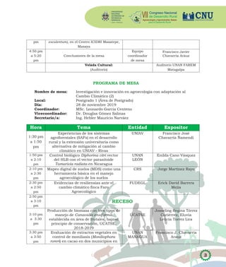 3
pm esculentum), en el Centro ICIDRI Masatepe,
Masaya
4:50 pm
a 5:20
pm
Conclusiones de la mesa
Equipo
coordinador
de mesa
Francisco Javier
Chavarría Aráuz
Velada Cultural:
(Auditorio)
Auditorio UNAN FAREM
Matagalpa
PROGRAMA DE MESA
Nombre de mesa: Investigación e innovación en agroecología con adaptación al
Cambio Climático (2)
Local: Postgrado 1 (Área de Postgrado)
Día: 28 de noviembre 2019
Coordinador: MSc. Leonardo García Centeno
Vicecoordinador: Dr. Douglas Gómez Salinas
Secretario/a: Ing. Hebler Mauricio Narváez
Hora Tema Entidad Expositor
1:30 pm
a 1:50
pm
Experiencias de los sistemas
agroforestales (SAFs) en el desarrollo
rural y la extensión universitaria como
alternativa de mitigación al cambio
climático en UNIAV - Rivas
UNIAV Francisco José
Chavarría Ñamendi
1:50 pm
a 2:10
pm
Control biológico Diphorina citri vector
del HLB con el vector parasitoide
Tamarixia radiata en Nicaragua
UNAN
LEÓN
Enilda Cano Vásquez
2:10 pm
a 2:30
pm
Mapeo digital de suelos (MDS) como una
herramienta básica en el manejo
agroecológico de los suelos
CRS Jorge Martínez Rayo
2:30 pm
a 2:50
pm
Evidencias de resiliensias ante el
cambio climático finca Faro
Agroecológico
FUDEGL Erick David Barrera
Mejía
2:50 pm
a 3:10
pm
RECESO
3:10 pm
a 3:30
pm
Producción de biomasa con tres tipos de
manejo de Canavalia ensiformis
establecida en área de frutales, bajo el
principio de conservación, UCATSE,
2018-2019
UCATSE
Josseling Regina Tórrez
Gutiérrez, Eluvia
Leticia Torrez Lira
3:30 pm
a 3:50
pm
Evaluación de extractos vegetales en
control de moniliasis (Moniliophora
roreri) en cacao en dos municipios en
UNAN
MANAGUA
Francisco J. Chavarría
Arauz
 