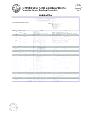 Pontificia Universidad Católica Argentina
                                   Facultad de Ciencias Sociales y Económicas


                                                                                           CRONOGRAMA
                                                                            Universidad Católica Argentina - Santa María de los Buenos Aires
                                                                                        Facultad de Ciencias Sociales y Económicas
                                                                              Licenciatura en Administración de Empresas - 4º "B" MAÑANA
                                                                                   Materia 485: Finanzas II - Cronograma 2º semestre 2012
Horario: Martes, Miércoles y Viernes de 07:45 a 09:15 hrs.
                                                                                                                     Profesores: Mg. Lic. Alejandro M. SALEVSKY
                                                                                                                                Mg. Lic. Ezequiel CALVIÑO
                                                                                                                                Mg. Lic. Pablo M. YLARRI
                                                                                                                                Lic. Juan Manuel CASCONE
                                                                                                                                Lic. Clara LLERENA
                                                                                                                                Cr. Sonia CAPELLI


Clase Martes          Miércoles      Viernes                                                  Capítulo                                                                         Tema
           7-Ago-12                                                   Clase Apertura
  1                     8-Ago-12                                      Capítulo I – TASAS 1                                      Las tasas en el sistema financiero mundial. Yield Curve
  2                                   10-Ago-12                       Capítulo VI - DECISIONES DE FINANCIAMIENTO 1              Introducción, Diferencias Deuda-Equity, Empresas Publicas y Privadas, Venture Capital.
  3     14-Ago-12                                                     Capítulo I – TASAS 2                                      Yield Curve. Teorías de la ETTI.
                      15-Ago-12                                       DIA DE LA VIRGEN
  4                                   17-Ago-12                       Capítulo VI - DECISIONES DE FINANCIAMIENTO 2              Procesos para obtener fondos de un VC. Pasos para un IPO (intro)
  5      21-Ago-12                                                    Capítulo VI - DECISIONES DE FINANCIAMIENTO 3              Pasos para un IPO. Banco de Inversión, Underwritting, Underpricing, ADR's
  6                      22-Ago-12                                    Capítulo II - MERCADO DE CAPITALES 1                      Participantes. Indicadores. Instituciones
  7                                     24-Ago-12                     Capítulo VII - ESTRUCTURA DE CAPITAL 1                    Ciclo de las decisiones de financiamiento, Beneficios de la Deuda (Tax Shield y Disciplina)
  8      28-Ago-12                                                    Capítulo VII - ESTRUCTURA DE CAPITAL 2                    Costos del endeudamiento, Trade off, Estructura Optima
   9                     29-Ago-12                                    Capítulo II - MERCADOS DE CAPITALES 2                     Productos de inversión. Análisis técnico vs fundamental
  10                                    31-Ago-12                     Capítulo VII - ESTRUCTURA DE CAPITAL 3                    Análisis de estructura de financiamiento en casos reales
           4-Sep-12                                                   Capítulo VII - ESTRUCTURA DE CAPITAL 4                    Armado Caso N1
  11                      5-Sep-12                                    Capítulo III - FINANZAS INTERNACIONALES 1                 Introducción. Inflación. Tipo de Cambio. PBI
  12                                     7-Sep-12        Test 1       Capítulo III - FINANZAS INTERNACIONALES 2                 Ley de Precio único. Relación entre variables
         11-Sep-12                                      Caso #1       Capítulo VII - ESTRUCTURA DE CAPITAL 5                    Exposición de Caso N1
                      12-Sep-12                                       Olimpíadas Inter UCA                                      -
  13                                    14-Sep-12                     Capítulo III - FINANZAS INTERNACIONALES 3                 Ley de Precio único. Relación entre variables
  14     18-Sep-12                                                    Capítulo III - FINANZAS INTERNACIONALES 4                 Mercado de divisas. Ley de precio único. Política Monetaria
                         19-Sep-12                                    Capítulo III - FINANZAS INTERNACIONALES 5                 Armado Caso N2
                                     21-Sep-12                        Dia del Estudiante                                        -
         25-Sep-12                                      Caso #2       Capítulo III - FINANZAS INTERNACIONALES 6                 Exposición de Caso N2
  15                     26-Sep-12                       Test 2       Capitulo V - RIESGO 1                                     Risk Management. Value at risk
  16                                    28-Sep-12                     Capitulo V - RIESGO 2                                     Análisis por escenarios.
       02-Oct-12                                                      PARCIAL I                                                 PARCIAL I
  17                      3-Oct-12                                    Capitulo V - RIESGO 3                                     Riesgo operativo y riesgo financiero. Análisis de balance.
  18                                     5-Oct-12        Test 3       Capítulo VIII - DERIVADOS 1                               Concepto general. Futuros (intro)
  19       9-Oct-12                                                   Capítulo VIII - DERIVADOS 2                               Mercado de futuros. Los futuros como cobertura y como inversión
  20                     10-Oct-12                                    Capitulo IV - BONOS 1                                     Tipos de bonos. Valuación.
                                        12-Oct-12                     REVISION PARCIAL I                                        REVISION PARCIAL I
  21      16-Oct-12                                                   Capítulo VIII - DERIVADOS 3                               Opciones (intro). Posiciones. Terminología. Valuación
  22                     17-Oct-12                                    Capítulo VIII - DERIVADOS 4                               Valuación de opciones. Variabilidad. Caso práctico con plataforma de inversión.
  23                                    19-Oct-12                     Capitulo IV - BONOS 2                                     Valuación de bonos. Riesgo
  24      23-Oct-12                                                   Capitulo IV - BONOS 3                                     Medidas de sensibilidad. Duration. Convexity
                         24-Oct-12                                    DISCUSIÓN DE COYUNTURA III                                Bonos soberanos. Análisis del endeudamiento de Argentina
  25                                    26-Oct-12                     Capítulo VIII - DERIVADOS 5                               Estrategias
          30-Oct-12                                                   Capítulo VIII - DERIVADOS 6                               Armado Caso N3
  26                     31-Oct-12                       Test 4       Capitulo IX - VALUACIÓN DE EMPRESAS 1                     Técnicas de valuación de empresas aplicadas. DCF. Multiplos
                                         2-Nov-12                     Capitulo IV - BONOS 5                                     Ejercicios
           6-Nov-12                                     Caso #3       Capítulo VIII - DERIVADOS 7                               Exposición de Caso N3
                          7-Nov-12                                    Capitulo IV - BONOS 6                                     Ejercicios
  27                                     9-Nov-12                     Capitulo IX - VALUACIÓN DE EMPRESAS 2                     Ejercicios valuación por múltiplos y DCF
       13-Nov-12                                                      PARCIAL II                                                PARCIAL II
  28                     14-Nov-12                    Caso Int. 1°    Capitulo IX - VALUACIÓN DE EMPRESAS 3                     Valuación M&A. El pentágono de valor
  29                                    16-Nov-12                     Capitulo IX - VALUACIÓN DE EMPRESAS 4                     Valuación M&A. El pentágono de valor. Caso real
  30      20-Nov-12                                                   Capitulo IX - VALUACIÓN DE EMPRESAS 5                     Valuación de proyectos internacionales
                         21-Nov-12                                    REVISION PARCIAL II                                       REVISION PARCIAL II
                                     23-Nov-12                        RECUPERATORIO                                             RECUPERATORIO
  31      27-Nov-12                                                   Capitulo IX - VALUACIÓN DE EMPRESAS 6                     LBO. Reestructuración
                         28-Nov-12                    Caso Int. 2°    Capitulo IX - VALUACIÓN DE EMPRESAS 7                     Desarrollo última fase Caso Integral
                                        30-Nov-12   Caso Int. Final   TRABAJO PRÁCTICO FINAL                                    Dinámica Caso Integral
 