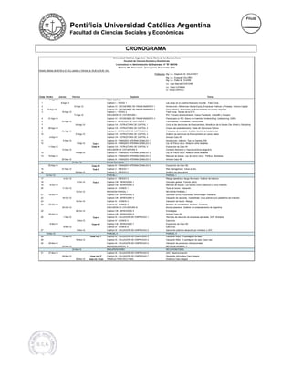 Pontificia Universidad Católica Argentina
                                  Facultad de Ciencias Sociales y Económicas


                                                                                           CRONOGRAMA
                                                                            Universidad Católica Argentina - Santa María de los Buenos Aires
                                                                                        Facultad de Ciencias Sociales y Económicas
                                                                               Licenciatura en Administración de Empresas - 4º "B" NOCHE
                                                                                   Materia 485: Finanzas II - Cronograma 2º semestre 2012
Horario: Martes de 20:00 a 21:30,y Jueves y Viernes de 18,20 a 19,50 hrs.
                                                                                                                     Profesores: Mg. Lic. Alejandro M. SALEVSKY
                                                                                                                                Mg. Lic. Ezequiel CALVIÑO
                                                                                                                                Mg. Lic. Pablo M. YLARRI
                                                                                                                                Lic. Juan Manuel CASCONE
                                                                                                                                Lic. Clara LLERENA
                                                                                                                                Cr. Sonia CAPELLI


Clase Martes          Jueves        Viernes                                                   Capítulo                                                                         Tema
          7-Ago-12                                                    Clase Apertura
  1                    9-Ago-12                                       Capítulo I – TASAS 1                                      Las tasas en el sistema financiero mundial. Yield Curve
  2                                  10-Ago-12                        Capítulo VI - DECISIONES DE FINANCIAMIENTO 1              Introducción, Diferencias Deuda-Equity, Empresas Publicas y Privadas, Venture Capital.
  4     14-Ago-12                                                     Capítulo VI - DECISIONES DE FINANCIAMIENTO 2              Caso práctico. Decisiones de financiamiento en nuevos negocios.
  3                     16-Ago-12                                     Capítulo I – TASAS 2                                      Yield Curve. Teorías de la ETTI.
                                     17-Ago-12                        DISCUSIÓN DE COYUNTURA I                                  IPO. Proceso de lanzamiento. Casos Facebook, LinkedIN y Groupon
  5      21-Ago-12                                                    Capítulo VI - DECISIONES DE FINANCIAMIENTO 3              Pasos para un IPO. Banco de Inversión, Underwritting, Underpricing, ADR's
  6                     23-Ago-12                                     Capítulo II - MERCADO DE CAPITALES 1                      Participantes. Indicadores. Instituciones
  7                                    24-Ago-12                      Capítulo VII - ESTRUCTURA DE CAPITAL 1                    Ciclo de las decisiones de financiamiento, Beneficios de la Deuda (Tax Shield y Disciplina)
  8      28-Ago-12                                                    Capítulo VII - ESTRUCTURA DE CAPITAL 2                    Costos del endeudamiento, Trade off, Estructura Optima
   9                    30-Ago-12                                     Capítulo II - MERCADOS DE CAPITALES 2                     Productos de inversión. Análisis técnico vs fundamental
  10                                   31-Ago-12                      Capítulo VII - ESTRUCTURA DE CAPITAL 3                    Análisis de estructura de financiamiento en casos reales
          4-Sep-12                                                    Capítulo VII - ESTRUCTURA DE CAPITAL 4                    Armado Caso N1
  11                     6-Sep-12                                     Capítulo III - FINANZAS INTERNACIONALES 1                 Introducción. Inflación. Tipo de Cambio. PBI
  12                                    7-Sep-12        Test 1        Capítulo III - FINANZAS INTERNACIONALES 2                 Ley de Precio único. Relación entre variables
         11-Sep-12                                     Caso #1        Capítulo VII - ESTRUCTURA DE CAPITAL 5                    Exposición de Caso N1
                        13-Sep-12                                     DISCUSIÓN DE COYUNTURA II                                 Contexto financiero y macroeconómico argentino
  13                                   14-Sep-12                      Capítulo III - FINANZAS INTERNACIONALES 3                 Ley de Precio único. Relación entre variables
  14     18-Sep-12                                                    Capítulo III - FINANZAS INTERNACIONALES 4                 Mercado de divisas. Ley de precio único. Política Monetaria
                        20-Sep-12                                     Capítulo III - FINANZAS INTERNACIONALES 5                 Armado Caso N2
                                    21-Sep-12                         Dia del Estudiante                                        -
         25-Sep-12                                     Caso #2        Capítulo III - FINANZAS INTERNACIONALES 6                 Exposición de Caso N2
  15                    27-Sep-12                       Test 2        Capitulo V - RIESGO 1                                     Risk Management. Value at risk
  16                                   28-Sep-12                      Capitulo V - RIESGO 2                                     Análisis por escenarios.
       02-Oct-12                                                      PARCIAL I                                                 PARCIAL I
  17                     4-Oct-12                                     Capitulo V - RIESGO 3                                     Riesgo operativo y riesgo financiero. Análisis de balance.
  18                                    5-Oct-12        Test 3        Capítulo VIII - DERIVADOS 1                               Concepto general. Futuros (intro)
  19       9-Oct-12                                                   Capítulo VIII - DERIVADOS 2                               Mercado de futuros. Los futuros como cobertura y como inversión
  20                    11-Oct-12                                     Capitulo IV - BONOS 1                                     Tipos de bonos. Valuación.
                                       12-Oct-12                      REVISION PARCIAL I                                        REVISION PARCIAL I
  21      16-Oct-12                                                   Capítulo VIII - DERIVADOS 3                               Opciones (intro). Posiciones. Terminología. Valuación
  22                    18-Oct-12                                     Capítulo VIII - DERIVADOS 4                               Valuación de opciones. Variabilidad. Caso práctico con plataforma de inversión.
  23                                   19-Oct-12                      Capitulo IV - BONOS 2                                     Valuación de bonos. Riesgo
  24      23-Oct-12                                                   Capitulo IV - BONOS 3                                     Medidas de sensibilidad. Duration. Convexity
                        25-Oct-12                                     DISCUSIÓN DE COYUNTURA III                                Bonos soberanos. Análisis del endeudamiento de Argentina
  25                                   26-Oct-12                      Capítulo VIII - DERIVADOS 5                               Estrategias
          30-Oct-12                                                   Capítulo VIII - DERIVADOS 6                               Armado Caso N3
  26                     1-Nov-12                       Test 4        Capitulo IX - VALUACIÓN DE EMPRESAS 1                     Técnicas de valuación de empresas aplicadas. DCF. Multiplos
                                        2-Nov-12                      Capitulo IV - BONOS 5                                     Ejercicios
           6-Nov-12                                    Caso #3        Capítulo VIII - DERIVADOS 7                               Exposición de Caso N3
                         8-Nov-12                                     Capitulo IV - BONOS 6                                     Ejercicios
  27                                    9-Nov-12                      Capitulo IX - VALUACIÓN DE EMPRESAS 2                     Aplicación práctica valuación por múltiplos y DCF.
       13-Nov-12                                                      PARCIAL II                                                PARCIAL II
  28                    15-Nov-12                    Caso Int. 1°     Capitulo IX - VALUACIÓN DE EMPRESAS 3                     Valuación M&A. El pentágono de valor
  29                                   16-Nov-12                      Capitulo IX - VALUACIÓN DE EMPRESAS 4                     Valuación M&A. El pentágono de valor. Caso real
  30      20-Nov-12                                                   Capitulo IX - VALUACIÓN DE EMPRESAS 5                     Valuación de proyectos internacionales
                        22-Nov-12                                     REVISION PARCIAL II                                       REVISION PARCIAL II
                                    23-Nov-12                         RECUPERATORIO                                             RECUPERATORIO
  31      27-Nov-12                                                   Capitulo IX - VALUACIÓN DE EMPRESAS 6                     LBO. Reestructuración
                        29-Nov-12                    Caso Int. 2°     Capitulo IX - VALUACIÓN DE EMPRESAS 7                     Desarrollo última fase Caso Integral
                                       30-Nov-12   Caso Int. Final    TRABAJO PRÁCTICO FINAL                                    Dinámica Caso Integral
 
