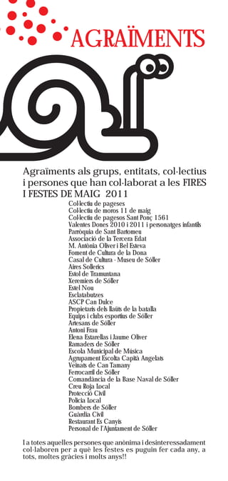 AGRAÏMENTS




Agraïments als grups, entitats, col·lectius
i persones que han col·laborat a les FIRES
I FESTES DE MAIG 2011
              Col·lectiu de pageses
              Col·lectiu de moros 11 de maig
              Col·lectiu de pagesos Sant Ponç 1561
              Valentes Dones 2010 i 2011 i personatges infantils
              Parròquia de Sant Bartomeu
              Associació de la Tercera Edat
              M. Antònia Oliver i Bel Esteva
              Foment de Cultura de la Dona
              Casal de Cultura - Museu de Sóller
              Aires Sollerics
              Estol de Tramuntana
              Xeremiers de Sóller
              Estel Nou
              Esclatabutzes
              ASCP Can Dulce
              Propietaris dels llaüts de la batalla
              Equips i clubs esportius de Sóller
              Artesans de Sóller
              Antoni Frau
              Elena Estarellas i Jaume Oliver
              Ramaders de Sóller
              Escola Municipal de Música
              Agrupament Escolta Capità Angelats
              Veïnats de Can Tamany
              Ferrocarril de Sóller
              Comandància de la Base Naval de Sóller
              Creu Roja Local
              Protecció Civil
              Policia Local
              Bombers de Sóller
              Guàrdia Civil
              Restaurant Es Canyís
              Personal de l'Ajuntament de Sóller

I a totes aquelles persones que anònima i desinteressadament
col·laboren per a què les festes es puguin fer cada any, a
tots, moltes gràcies i molts anys!!
 