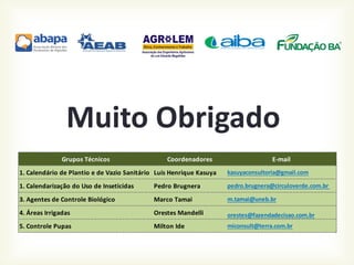 Muito Obrigado
Grupos Técnicos Coordenadores E-mail
1. Calendário de Plantio e de Vazio Sanitário Luís Henrique Kasuya kasuyaconsultoria@gmail.com
1. Calendarização do Uso de Inseticidas Pedro Brugnera pedro.brugnera@circuloverde.com.br
3. Agentes de Controle Biológico Marco Tamai m.tamai@uneb.br
4. Áreas Irrigadas Orestes Mandelli orestes@fazendadecisao.com.br
5. Controle Pupas Milton Ide miconsult@terra.com.br
 