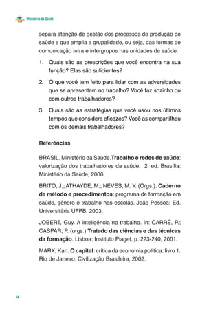 Ministério da Saúde


             separa atenção de gestão dos processos de produção de
             saúde e que amplia a grupalidade, ou seja, das formas de
             comunicação intra e intergrupos nas unidades de saúde.

             1.	 Quais são as prescrições que você encontra na sua
                 função? Elas são suficientes?

             2.	 O que você tem feito para lidar com as adversidades
                 que se apresentam no trabalho? Você faz sozinho ou
                 com outros trabalhadores?

             3.	 Quais são as estratégias que você usou nos últimos
                 tempos que considera eficazes? Você as compartilhou
                 com os demais trabalhadores?

             Referências

             BRASIL. Ministério da Saúde.Trabalho e redes de saúde:
             valorização dos trabalhadores da saúde. 2. ed. Brasília:
             Ministério da Saúde, 2006.

             BRITO, J.; ATHAYDE, M.; NEVES, M. Y. (Orgs.). Caderno
             de método e procedimentos: programa de formação em
             saúde, gênero e trabalho nas escolas. João Pessoa: Ed.
             Universitária UFPB, 2003.

             JOBERT, Guy. A inteligência no trabalho. In: CARRÉ, P.;
             CASPAR, P. (orgs.) Tratado das ciências e das técnicas
             da formação. Lisboa: Instituto Piaget, p. 223-240, 2001.

             MARX, Karl. O capital: crítica da economia política: livro 1.
             Rio de Janeiro: Civilização Brasileira, 2002.




34
 
