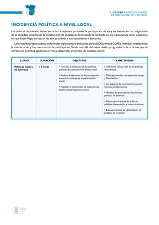 CURSO Duración OBJETIVOS CONTENIDOS
Políticas locales
de Juventud
16 horas • Conocer la evolución de las políticas
públicas de juventud en el ámbito local.
• Analizar la aplicación de la participación
como herramienta de transformación
social.
• Impulsar el intercambio de experiencias
locales de participación juvenil.
• Definición y desarrollo de las políticas
de juventud.
• Políticas juveniles: competencias locales
y financiación.
• Los espacios de interlocución juvenil:
Consejo de la Juventud.
• Modelos de participación local en las
políticas de juventud.
• Gestión participativa de políticas
públicas: la evaluación y mejora continua.
• Buenas prácticas de participación en
políticas de juventud.
incidencia Política a nivel local
Las políticas de juventud tienen entre otros objetivos promover la participación de los y las jóvenes en la configuración
de la sociedad, propiciando la construcción de ciudadanía, fomentando la confianza en las instituciones como espacios a
los que hacer llegar su voz, en los que se atienda a sus necesidades y demandas.
La formación propuesta trata de formular,implementar y evaluar las políticas DE juventud CON la juventud, fortaleciendo
la interlocución y los mecanismos de participación.Yendo más allá del mero diseño programático de acciones que se
oferten a la juventud, ayudando a crear, a desarrollar proyectos de iniciativa juvenil.
Volver a índice de cursos
de formación en tu entidad
 