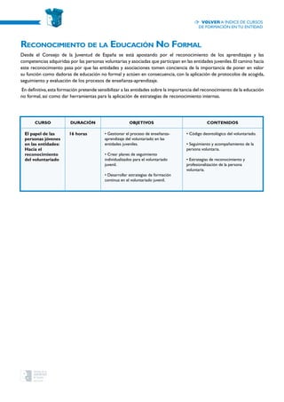 CURSO Duración OBJETIVOS CONTENIDOS
El papel de las
personas jóvenes
en las entidades:
Hacia el
reconocimiento
del voluntariado
16 horas • Gestionar el proceso de enseñanza-
aprendizaje del voluntariado en las
entidades juveniles.
• Crear planes de seguimiento
individualizados para el voluntariado
juvenil.
• Desarrollar estrategias de formación
continua en el voluntariado juvenil.
• Código deontológico del voluntariado.
• Seguimiento y acompañamiento de la
persona voluntaria.
• Estrategias de reconocimiento y
profesionalización de la persona
voluntaria.
Reconocimiento de la Educación No Formal
Desde el Consejo de la Juventud de España se está apostando por el reconocimiento de los aprendizajes y las
competencias adquiridas por las personas voluntarias y asociadas que participan en las entidades juveniles.El camino hacia
este reconocimiento pasa por que las entidades y asociaciones tomen conciencia de la importancia de poner en valor
su función como dadoras de educación no formal y actúen en consecuencia, con la aplicación de protocolos de acogida,
seguimiento y evaluación de los procesos de enseñanza-aprendizaje.
En definitiva,esta formación pretende sensibilizar a las entidades sobre la importancia del reconocimiento de la educación
no formal, así como dar herramientas para la aplicación de estrategias de reconocimiento internas.
Volver a índice de cursos
de formación en tu entidad
 