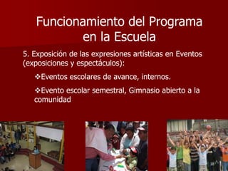 5. Exposición de las expresiones artísticas en Eventos
(exposiciones y espectáculos):
Eventos escolares de avance, internos.
Evento escolar semestral, Gimnasio abierto a la
comunidad
18
Funcionamiento del Programa
en la Escuela
 