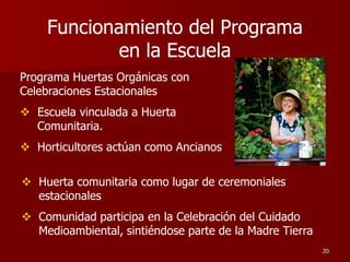 Programa Huertas Orgánicas con
Celebraciones Estacionales
 Escuela vinculada a Huerta
Comunitaria.
 Horticultores actúan como Ancianos
20
 Huerta comunitaria como lugar de ceremoniales
estacionales
 Comunidad participa en la Celebración del Cuidado
Medioambiental, sintiéndose parte de la Madre Tierra
Funcionamiento del Programa
en la Escuela
 