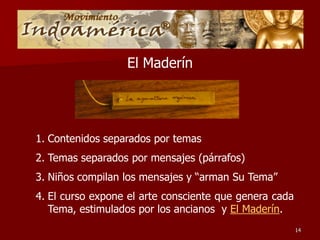 El Maderín




1. Contenidos separados por temas
2. Temas separados por mensajes (párrafos)
3. Niños compilan los mensajes y “arman Su Tema”
4. El curso expone el arte consciente que genera cada
   Tema, estimulados por los ancianos y El Maderín.
                                                        14
 