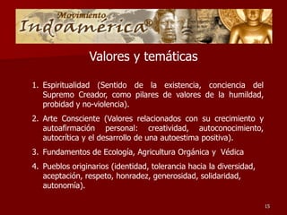 Valores y temáticas

1. Espiritualidad (Sentido de la existencia, conciencia del
   Supremo Creador, como pilares de valores de la humildad,
   probidad y no-violencia).
2. Arte Consciente (Valores relacionados con su crecimiento y
   autoafirmación personal: creatividad, autoconocimiento,
   autocrítica y el desarrollo de una autoestima positiva).
3. Fundamentos de Ecología, Agricultura Orgánica y Védica
4. Pueblos originarios (identidad, tolerancia hacia la diversidad,
   aceptación, respeto, honradez, generosidad, solidaridad,
   autonomía).

                                                                     15
 
