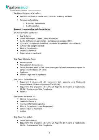 8
La dotació de personal actual és:
 Personal facultatiu: 6 Farmacèutics, un d'ells és el Cap de Servei
 Personal no facultatiu:
o 8 auxiliars de Farmàcia
o 3 administratius
Àrees de responsabilitat dels farmacèutics:
Dr. Juan Gonzalez Valdivieso:
 Cap de Servei
 Gestió de Compres i Gestió Clínica de Consum
 Gestió de Nutricions parenterals i barreges endovenoses estèrils
 Sol·licitud, custòdia i distribució de talonaris d'estupefaents oficials del SCS
 Validació de receptes del SCS
 Atenció farmacèutica
 Docència i formació
 Seguretat de la medicació
Dra. Paula Montoliu Alcón:
 Farmacotècnia
 Reenvasat en dosis unitàries
 Gestió d'accés a Medicació en situacions especials (medicaments estrangers, ús
compassiu i medicació off-label)
 Docència
 Control i registre d'estupefaents
Dra. Leticia Galofré Mestre:
 Seguiment i dispensació del tractament dels pacients amb Medicació
Hospitalària de Dispensació ambulatòria (MHDA)
 Seguiment dels programes de CATSalut: Registre de Pacients i Tractaments
MHDA i Tractaments d'Alta Complexitat
 Recerca
Dra Marina de Temple Pla:
 Atenció farmacèutica
 Docència i formació
 Informació farmacoterapèutica
 Atenció farmacèutica (àrea d'infeccions)
 Conciliació de la medicació
 Unidosi
Dra. Neus Pons Llobet:
 Gestió de citostàtics
 Seguiment dels programes de CATSalut: Registre de Pacients i Tractaments
MHDA i Tractaments d'Alta Complexitat
 