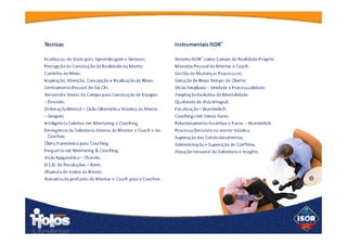 Técnicas
Fruitiva ou do Vazio para Aprendizagem e
Sínteses;
Percepção da Construção da Realidade na Mente;
Caminho do Meio;
Inspiração, Intenção, Concepção e Realização do
Novo;
Centramento Pessoal do Tai-Chi;
Tensorial e Teoria do Campo para Construção de
Equipes
– Einstein;
Ordenação Mental – Ciclo Cibernético Triádico da
Mente
– Gregori;
Inteligência Coletiva em Mentoring e Coaching;
Emergência da Sabedoria Interna do Mentor e
Coach e do Coachee;
Clima Harmônico para Coaching;
Perguntas em Mentoring & Coaching.
Visão Epigenética – Chardin;
D.S.D. de Resoluções – Klein;
Shamata de treino da Mente;
Transmissão profunda do Mentor e Coach para o
Coachee.
 
Instrumentais ISOR®
Sistema ISOR®
como Campo de Realidade
Próprio;
Maestria Pessoal do Mentor e Coach;
Gestão de Mudanças Processuais;
Geração de Novo Tempo do Cliente;
Visão Ampliada – Unidade x Processualidade;
Ampliação Evolutiva da Mentalidade;
Qualidade de Vida Integral;
Focalização – Wunderlich;
Coaching com temas livres;
Relacionamento Assertivo e Focos –
Wunderlich;
Processo Decisório na mente triádica;
Superação dos Condicionamentos;
Administração e Superação de Conflitos;
Ativação tensorial da Sabedoria e Insights.
 