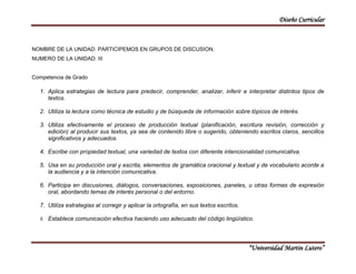 Diseño Curricular 
“Universidad Martin Lutero” 
NOMBRE DE LA UNIDAD: PARTICIPEMOS EN GRUPOS DE DISCUSION. 
NUMERO DE LA UNIDAD: III 
Competencia de Grado 
1. Aplica estrategias de lectura para predecir, comprender, analizar, inferir e interpretar distintos tipos de 
textos. 
2. Utiliza la lectura como técnica de estudio y de búsqueda de información sobre tópicos de interés. 
3. Utiliza efectivamente el proceso de producción textual (planificación, escritura revisión, corrección y 
edición) al producir sus textos, ya sea de contenido libre o sugerido, obteniendo escritos claros, sencillos 
significativos y adecuados. 
4. Escribe con propiedad textual, una variedad de textos con diferente intencionalidad comunicativa. 
5. Usa en su producción oral y escrita, elementos de gramática oracional y textual y de vocabulario acorde a 
la audiencia y a la intención comunicativa. 
6. Participa en discusiones, diálogos, conversaciones, exposiciones, paneles, u otras formas de expresión 
oral, abordando temas de interés personal o del entorno. 
7. Utiliza estrategias al corregir y aplicar la ortografía, en sus textos escritos. 
8. Establece comunicación efectiva haciendo uso adecuado del código lingüístico. 
 