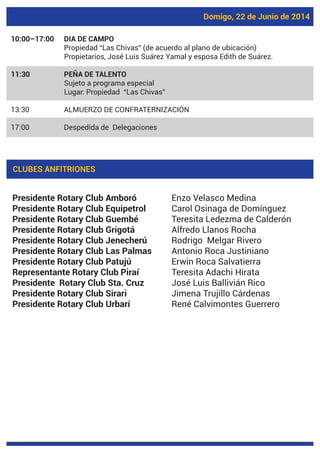 Domigo, 22 de Junio de 2014
10:00–17:00 DIA DE CAMPO
Propiedad “Las Chivas” (de acuerdo al plano de ubicación)
Propietarios, José Luis Suárez Yamal y esposa Edith de Suárez.
11:30 PEÑA DE TALENTO
Sujeto a programa especial
Lugar: Propiedad “Las Chivas”
13:30 ALMUERZO DE CONFRATERNIZACIÓN
17:00 Despedida de Delegaciones
Presidente Rotary Club Amboró Enzo Velasco Medina
Presidente Rotary Club Equipetrol Carol Osinaga de Domínguez
Presidente Rotary Club Guembé Teresita Ledezma de Calderón
Presidente Rotary Club Grigotá Alfredo Llanos Rocha
Presidente Rotary Club Jenecherú Rodrigo Melgar Rivero
Presidente Rotary Club Las Palmas Antonio Roca Justiniano
Presidente Rotary Club Patujú Erwin Roca Salvatierra
Representante Rotary Club Piraí Teresita Adachi Hirata
Presidente Rotary Club Sta. Cruz José Luis Ballivián Rico
Presidente Rotary Club Sirari Jimena Trujillo Cárdenas
Presidente Rotary Club Urbarí René Calvimontes Guerrero
CLUBES ANFITRIONES
 