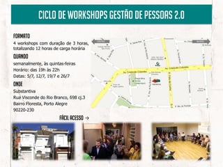 Ciclo de workshops gestão de pessoas 2.0
formato
4 workshops com duração de 3 horas,
totalizando 12 horas de carga horária
Quando
semanalmente, às quintas-feiras
Horário: das 19h às 22h
Datas: 5/7, 12/7, 19/7 e 26/7
Onde
Substantiva
Rua Visconde do Rio Branco, 698 cj.3
Bairro Floresta, Porto Alegre
90220-230
                       Fácil acesso ->
 