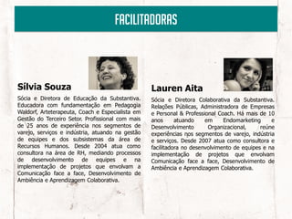 facilitadoras



Sílvia Souza                                      Lauren Aita
Sócia e Diretora de Educação da Substantiva.      Sócia e Diretora Colaborativa da Substantiva.
Educadora com fundamentação em Pedagogia          Relações Públicas, Administradora de Empresas
Waldorf, Arteterapeuta, Coach e Especialista em   e Personal & Professional Coach. Há mais de 10
Gestão do Terceiro Setor. Profissional com mais   anos      atuando    em     Endomarketing     e
de 25 anos de experiência nos segmentos de        Desenvolvimento       Organizacional,     reúne
varejo, serviços e indústria, atuando na gestão   experiências nos segmentos de varejo, indústria
de equipes e dos subsistemas da área de           e serviços. Desde 2007 atua como consultora e
Recursos Humanos. Desde 2004 atua como            facilitadora no desenvolvimento de equipes e na
consultora na área de RH, mediando processos      implementação de projetos que envolvam
de desenvolvimento de equipes e na                Comunicação face a face, Desenvolvimento de
implementação de projetos que envolvam a          Ambiência e Aprendizagem Colaborativa.
Comunicação face a face, Desenvolvimento de
Ambiência e Aprendizagem Colaborativa.
 