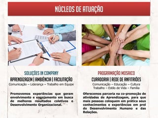 Núcleos de atuação




        Soluções in company                            Programação mosaico
Aprendizagem | ambiência | Facilitação              Curadoria | Rede de anfitriões
Comunicação – Liderança – Trabalho em Equipe        Comunicação – Educação – Cultura
                                                    Trabalho – Estilo de Vida – Família
Promovemos experiências que geram              Oferecemos parceria na co-promoção de
envolvimento e engajamento em busca            atividades de Aprendizagem, para que
de melhores resultados coletivos e             mais pessoas coloquem em prática seus
Desenvolvimento Organizacional.                conhecimentos e experiências em prol
                                               do Desenvolvimento Humano e das
                                               Relações.
 