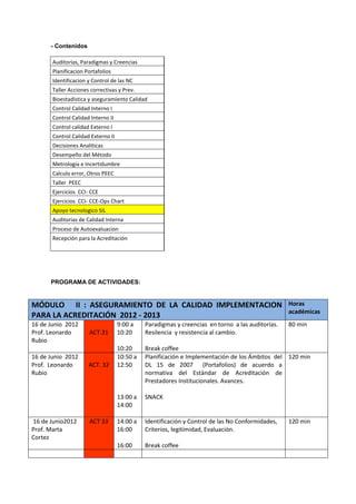 - Contenidos

       Auditorias, Paradigmas y Creencias
       Planificacion Portafolios
       Identificacion y Control de las NC
       Taller Acciones correctivas y Prev.
       Bioestadistica y aseguramiento Calidad
       Control Calidad Interno I
       Control Calidad Interno II
       Control calidad Externo I
       Control Calidad Externo II
       Decisiones Analiticas
       Desempeño del Método
       Metrologia e Incertidumbre
       Calculo error, Otros PEEC
       Taller PEEC
       Ejercicios CCI- CCE
       Ejercicios CCI- CCE-Ops Chart
       Apoyo tecnologico SIL
       Auditorias de Calidad Interna
       Proceso de Autoevaluacion
       Recepción para la Acreditación




      PROGRAMA DE ACTIVIDADES:


MÓDULO II : ASEGURAMIENTO DE LA CALIDAD IMPLEMENTACION                                            Horas
                                                                                                  académicas
PARA LA ACREDITACIÓN 2012 - 2013
16 de Junio 2012                    9:00 a    Paradigmas y creencias en torno a las auditorías.   80 min
Prof. Leonardo        ACT.31        10:20     Resilencia y resistencia al cambio.
Rubio
                                    10:20     Break coffee
16 de Junio 2012                    10:50 a   Planificación e Implementación de los Ámbitos del 120 min
Prof. Leonardo        ACT. 32       12:50     DL 15 de 2007 (Portafolios) de acuerdo a
Rubio                                         normativa del Estándar de Acreditación de
                                              Prestadores Institucionales. Avances.

                                    13:00 a   SNACK
                                    14:00

16 de Junio2012       ACT 33        14:00 a   Identificación y Control de las No Conformidades,   120 min
Prof. Marta                         16:00     Criterios, legitimidad, Evaluación.
Cortez
                                    16:00     Break coffee
 