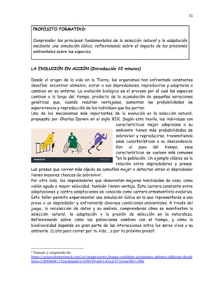 31
PROPÓSITO FORMATIVO:
Comprender los principios fundamentales de la selección natural y la adaptación
mediante una simulación lúdica, reflexionando sobre el impacto de las presiones
ambientales sobre las especies.
LA EVOLUCIÓN EN ACCIÓN (Introducción 10 minutos)
Desde el origen de la vida en la Tierra, los organismos han enfrentado constantes
desafíos: encontrar alimento, evitar a sus depredadores, reproducirse y adaptarse a
cambios en su entorno. La evolución biológica es el proceso por el cual las especies
cambian a lo largo del tiempo, producto de la acumulación de pequeñas variaciones
genéticas que, cuando resultan ventajosas, aumentan las probabilidades de
supervivencia y reproducción de los individuos que las portan.
Uno de los mecanismos más importantes de la evolución es la selección natural,
propuesta por Charles Darwin en el siglo XIX. Según esta teoría, los individuos con
características mejor adaptadas a su
ambiente tienen más probabilidades de
sobrevivir y reproducirse, transmitiendo
esas características a su descendencia.
Con el paso del tiempo, esas
características se vuelven más comunes
8
en la población. Un ejemplo clásico es la
relación entre depredadores y presas.
Las presas que corren más rápido se camuflan mejor o detectan antes al depredador
tienen mayores chances de sobrevivir.
Por otro lado, los depredadores que desarrollan mejores habilidades de caza, como
visión aguda o mayor velocidad, también tienen ventaja. Esta carrera constante entre
adaptaciones y contra adaptaciones es conocida como carrera armamentista evolutiva.
Este taller permite experimentar una simulación lúdica en la que representarás a una
presa o un depredador y enfrentarás diversas condiciones ambientales. A través del
juego, la recolección de datos y su análisis, comprenderás cómo se manifiestan la
selección natural, la adaptación y la presión de selección en la naturaleza.
Reflexionarán sobre cómo las poblaciones cambian con el tiempo, y cómo la
biodiversidad depende en gran parte de las interacciones entre los seres vivos y su
ambiente. ¿Listo para correr por tu vida... o por tu próxima presa?
8
Tomado y adapatado de:
https://www.shutterstock.com/es/image-vector/happy-confident-paralympic-athletes-different-disabi
lities-2389960411?trackingId=e7e99749-a0c3-45e2-977d-fae3f67c3f8e
 