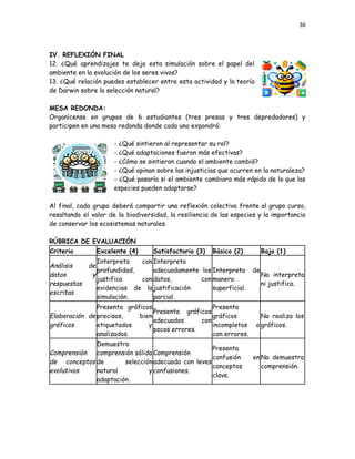 36
IV. REFLEXIÓN FINAL
12. ¿Qué aprendizajes te deja esta simulación sobre el papel del
ambiente en la evolución de los seres vivos?
13. ¿Qué relación puedes establecer entre esta actividad y la teoría
de Darwin sobre la selección natural?
MESA REDONDA:​
Organícense en grupos de 6 estudiantes (tres presas y tres depredadores) y
participen en una mesa redonda donde cada uno expondrá:
​
- ¿Qué sintieron al representar su rol?​
- ¿Qué adaptaciones fueron más efectivas?​
- ¿Cómo se sintieron cuando el ambiente cambió?​
- ¿Qué opinan sobre las injusticias que ocurren en la naturaleza?​
- ¿Qué pasaría si el ambiente cambiara más rápido de lo que las
especies pueden adaptarse?​
​
Al final, cada grupo deberá compartir una reflexión colectiva frente al grupo curso,
resaltando el valor de la biodiversidad, la resiliencia de las especies y la importancia
de conservar los ecosistemas naturales.
RÚBRICA DE EVALUACIÓN
Criterio Excelente (4) Satisfactorio (3) Básico (2) Bajo (1)
Análisis de
datos y
respuestas
escritas
Interpreta con
profundidad,
justifica con
evidencias de la
simulación.
Interpreta
adecuadamente los
datos, con
justificación
parcial.
Interpreta de
manera
superficial.
No interpreta
ni justifica.
Elaboración de
gráficos
Presenta gráficos
precisos, bien
etiquetados y
analizados.
Presenta gráficos
adecuados con
pocos errores.
Presenta
gráficos
incompletos o
con errores.
No realiza los
gráficos.
Comprensión
de conceptos
evolutivos
Demuestra
comprensión sólida
de selección
natural y
adaptación.
Comprensión
adecuada con leves
confusiones.
Presenta
confusión en
conceptos
clave.
No demuestra
comprensión.
 