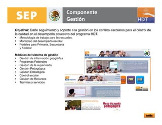 Componente
                                       Gestión
Objetivo: Darle seguimiento y soporte a la gestión en los centros escolares para el control de
la calidad en el desempeño educativo del programa HDT.
   Metodología de trabajo p
            g           j para las escuelas.
   Monitoreo del desempeño escolar.
   Portales para Primaria, Secundaria
   y Federal

Módulos del sistema de gestión
• Gestión de información geográfica
• Programas Federales
• Gestión de la supervisión
• Gestión Pedagógica
• Gestión Estratégica
• Control escolar
• Gestión de Recursos
• Trámites y servicios
 