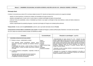 Módulo 2 – DINAMISMO CIVILIZACIONAL DA EUROPA OCIDENTAL NOS SÉCULOS XIII A XIV – ESPAÇOS, PODERES E VIVÊNCIAS


Orientação Geral:

O módulo 2 circunscreve-se ao século XIII e à primeira metade do século XIV, devendo ser desenvolvido de acordo com a seguinte orientação:

-    salientar, em termos genéricos, os factores de unidade e de diversidade na Europa do século XIII;
-    explicitar a articulação entre o mundo rural e o mundo urbano no contexto da afirmação da cidade na Europa feudal;
-    evidenciar formas de sociabilidade, cultura e mentalidade que tiveram a sua origem ou afirmação na fase mais dinâmica e criativa da história medieval da
     Europa ocidental.
-    analisar a especificidade da sociedade portuguesa, no período de afirmação de Portugal como entidade política autónoma.


Tempo previsto: 32 aulas, sendo de aprofundamento o ponto 2., para o qual serão reservadas cerca de 18 aulas.

Conhecimentos do Ensino Básico considerados como suporte: Formação de Portugal no contexto da Reconquista; Dinamismo do mundo rural nos séculos
XII e XIII; Lisboa nos circuitos do comércio europeu; Do Românico ao Gótico.



                              Conteúdos                                     Conceitos/Noções                            Situações de aprendizagem - sugestões

1.   A identidade civilizacional da Europa ocidental
                                                                                                         - Elaboração/análise de mapas (séculos XIII e XIV) - Extensão das áreas
     1.1. Poderes e crenças - multiplicidade e unidade                                                   florestais; fragmentação política da Europa; circuitos comerciais e principais
                                                                         Reino*
                                                                                                         núcleos urbanos; áreas de abrangência, na Europa, da Igreja Romana e da
                                                                         Senhorio*                       Igreja Ortodoxa; Império Bizantino; Mundo Islâmico; expansão da arquitectura
       - Uma geografia política diversificada: impérios, reinos,         Comuna                          gótica; expansão das ordens mendicantes. Grandes áreas naturais do território
         senhorios e comunas; imprecisão de fronteiras internas e        Papado*                         português; progressiva fixação da fronteira portuguesa no contexto da
         externas.                                                       Igreja Ortodoxa Grega           Reconquista; distribuição de senhorios e concelhos; itinerários régios em
       - A organização das crenças: o poder do Bispo de Roma na          Islão                           Portugal, no período medieval.
         Igreja ocidental; o reforço da coesão interna face a Bizâncio   Burguesia
         e ao Islão.                                                     Economia monetária              - Elaboração de tabela cronológica referente a acontecimentos relevantes da
                                                                                                         história portuguesa e europeia.
     1.2. O quadro económico e demográfico – expansão e limites do
                                                                                                         - Elaboração de um glossário de vocábulos respeitantes à arte gótica e à
          crescimento
                                                                                                         permanência, no período actual, de expressões linguísticas que representem
                                                                                                         vestígios de realidades do período medieval.
       - Expansão agrária, dinamização das trocas regionais e
         afirmação das grandes rotas do comércio externo.
       - A fragilidade do equilíbrio demográfico.




                                                                                                                                                                                     25
 