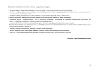 Na sequência da actividade desenvolvida, relevam-se as seguintes aprendizagens:


- **reconhecer o papel de vanguarda dos portugueses na abertura europeia ao mundo e a sua contribuição para a síntese renascentista;
-    identificar a emergência e a progressiva consolidação de uma mentalidade quantitativa e experimental que prepara o advento da ciência moderna e proporciona ao homem
    um maior domínio e conhecimento do mundo;
-    reconhecer o prestígio da coroa portuguesa na Época Moderna e a função valorizante da produção artística e literária nacional;
- **identificar no urbanismo, na arquitectura e na pintura a expressão de uma nova concepção do espaço, de carácter antropocêntrico;
- **interpretar as reformas – protestante e católica – como um movimento de humanização e individualização das crenças e de rejuvenescimento do Cristianismo, não
    obstante a violência das manifestações de antagonismo religioso durante a época moderna;
-    reconhecer o Cristianismo como matriz de identidade dos europeus e referente na apreciação qualitativa das outras culturas/civilizações;
- **compreender a modernidade como um fenómeno global que se manifesta nas ideias e nos comportamentos e encontra nos centros urbanos mais dinâmicos da Europa um
    espaço privilegiado de criação e de irradiação;
-    valorizar os contactos multicivilizacionais, distinguindo o relativismo cultural daí decorrente;
-    identificar na produção cultural renascentista as heranças da Antiguidade Clássica e as continuidades com o período medieval;
-    desenvolver a sensibilidade estética através da identificação e apreciação de obras artísticas e literárias do período renascentista.




                                                                                                                                 *Conceitos/**Aprendizagens estruturantes




                                                                                                                                                                      32
 