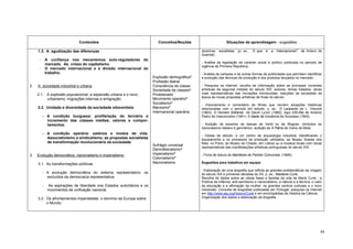 Conteúdos                                    Conceitos/Noções                       Situações de aprendizagem - sugestões

     1.3. A agudização das diferenças                                                              doutrinas   socialistas   (p. ex.,   O que   é   a   Internacional?   de Antero de
                                                                                                   Quental).
      -       A confiança nos mecanismos auto-reguladores do
                                                                                                   - Análise de legislação de carácter social e político publicada no período de
              mercado. As crises do capitalismo.
                                                                                                   vigência da Primeira República.
      -       O mercado internacional e a divisão internacional do
              trabalho.                                                                            - Análise de cartazes e de outras formas de publicidade que permitam identificar
                                                                          Explosão demográfica*    a evolução das técnicas de produção e dos produtos lançados no mercado.
                                                                          Profissão liberal
2.   A sociedade industrial e urbana                                      Consciência de classe    - Pesquisa na Internet: recolha de informação sobre as principais correntes
                                                                          Sociedade de classes*    artísticas da segunda metade do século XIX: autores; temas tratados; obras
     2.1. A explosão populacional; a expansão urbana e o novo             Proletariado             mais representativas das inovações introduzidas; reacções da sociedade da
                                                                                                   época às novas propostas artísticas de finais do século.
          urbanismo; migrações internas e emigração.                      Movimento operário*
                                                                          Socialismo*              - Visionamento e comentário de filmes que recriem situações históricas
     2.2. Unidade e diversidade da sociedade oitocentista                 Marxismo*                relacionadas com o período em estudo, p. ex., O Leopardo de L. Visconti
                                                                          Internacional operária   (1963); O Homem Elefante de David Lynch (1980); Aqui d’El-Rei de António
          - A condição burguesa: proliferação do terciário e                                       Pedro de Vasconcelos (1991); A Idade da Inocência de Scorsese (1993).
            incremento das classes médias; valores e compor-
            tamentos.                                                                              - Audição de excertos de óperas de Verdi ou de Wagner, símbolos do
                                                                                                   nacionalismo italiano e germânico; audição de À Pátria de Viana da Mota.
          - A condição operária: salários e modos de vida.
                                                                                                   - Visitas de estudo: a um centro de arqueologia industrial, identificando o
            Associativismo e sindicalismo; as propostas socialistas                                equipamento e os processos de produção utilizados; ao Museu Soares dos
            de transformação revolucionária da sociedade.                                          Reis, no Porto, ao Museu do Chiado, em Lisboa ou a museus locais com obras
                                                                          Sufrágio universal
                                                                                                   representativas das manifestações artísticas portuguesas do século XIX.
                                                                          Demoliberalismo*
3.   Evolução democrática, nacionalismo e imperialismo                    Imperialismo*            - Ficha de leitura de Manifesto do Partido Comunista (1848).
                                                                          Colonialismo*
     3.1. As transformações políticas                                     Nacionalismo             Sugestões para trabalhos em equipa:

                                                                                                   - Elaboração de uma biografia que reflicta as grandes problemáticas da viragem
          - A evolução democrática do sistema representativo; os                                   do século XIX e primeiras décadas do XX, p. ex., Madame Curie.
            excluídos da democracia representativa.                                                Recolha de dados sobre as várias fases e facetas da vida de Marie Curie - a
                                                                                                   Polónia da infância; anti-semitismo e nacionalismo; a ciência e a técnica; o valor
          -    As aspirações de liberdade nos Estados autoritários e os                            da educação e a afirmação da mulher; os grandes centros culturais e o novo
               movimentos de unificação nacional.                                                  mecenato. Consulta de biografias publicadas em Portugal, pesquisa na Internet
                                                                                                   em http://www.aip.org/history/Curie e em enciclopédias de História da Ciência.
     3.2. Os afrontamentos imperialistas: o domínio da Europa sobre                                Organização dos dados e elaboração da biografia.
          o Mundo.




                                                                                                                                                                                    44
 