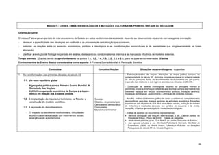 Módulo 7 – CRISES, EMBATES IDEOLÓGICOS E MUTAÇÕES CULTURAIS NA PRIMEIRA METADE DO SÉCULO XX

Orientação Geral:

O módulo 7 abrange um período de intervencionismo do Estado em todos os domínios da sociedade, devendo ser desenvolvido de acordo com a seguinte orientação:
-    destacar a especificidade das ideologias em confronto e os processos de radicalização que ocorreram;
-    salientar as relações entre os aspectos económicos, políticos e ideológicos e as transformações socioculturais e de mentalidade que progressivamente se foram
     afirmando;
-    clarificar a evolução de Portugal no período em análise, destacando os condicionalismos internos e as marcas da influência de modelos externos.
Tempo previsto: 32 aulas, sendo de aprofundamento os pontos 1.1., 1.2., 1.4., 1.5., 2.2., 2.3. e 2.5., para os quais serão reservadas 25 aulas.
Conhecimentos do Ensino Básico considerados como suporte: A Primeira Guerra Mundial; A Revolução Soviética.

                              Conteúdos                                     Conceitos/Noções                         Situações de aprendizagens - sugestões

1.   As transformações das primeiras décadas do século XX                                            - Elaboração/análise de mapas: alterações do mapa político europeu na
                                                                                                     primeira metade do século XX; domínios coloniais europeus na primeira metade
     1.1. Um novo equilíbrio global                                                                  do século; principais focos de levantamentos revolucionários no pós-guerra;
                                                                                                     expansão das ditaduras e dos regimes fascistas nas décadas de 20 e 30.
        - A geografia política após a Primeira Guerra Mundial. A                                     - Construção de tabelas cronológicas situando os principais eventos e
          Sociedade das Nações.                                                                      permitindo cruzar a informação referente aos diversos campos da História nos
        - A difícil recuperação económica da Europa e a depen-                                       diferentes espaços em estudo: acontecimentos políticos; inovação científica;
          dência em relação aos Estados Unidos.                                                      mudanças tecnológicas; aparecimento e afirmação de correntes culturais.

     1.2. A implantação do marxismo-leninismo na Rússia: a              Soviete                      - Recolha, análise e tratamento gráfico de dados quantitativos: comportamentos
          construção do modelo soviético.                               Ditadura do proletariado     demográficos; peso dos diversos sectores de actividade económica; flutuações
                                                                                                     económicas das décadas de 20 e 30 e seus efeitos sociais; evolução do número
                                                                        Centralismo democrático
                                                                                                     de militantes e resultados eleitorais dos partidos de esquerda e de direita;
     1.3. A regressão do demoliberalismo                                Comunismo                    recepção, difusão e generalização de inovações tecnológicas.
                                                                        Marxismo-leninismo*
        -   O impacto do socialismo revolucionário; dificuldades                                     - Análise de excertos de documentos representativos:
            económicas e radicalização dos movimentos sociais;                                       • da nova concepção das relações internacionais, p. ex., Catorze pontos do
            emergência de autoritarismos.                                                               Presidente Wilson, Pacto da S.D.N., Tratado de Versalhes;
                                                                                                     • de doutrinas políticas, p. ex., Que fazer? de Lenine; Discursos de Salazar;
                                                                                                     • das rupturas culturais, p. ex., Manifesto Futurista de Marinetti, Manifesto do
                                                                                                        Surrealismo (1924) de André Breton, Ultimatum Futurista às Gerações
                                                                                                        Portuguesas do século XX de Almada Negreiros.




                                                                                                                                                                                   48
 