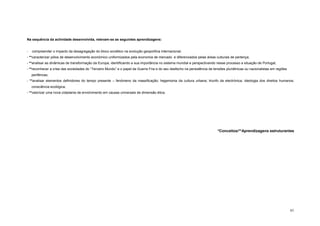 Na sequência da actividade desenvolvida, relevam-se as seguintes aprendizagens:


-   compreender o impacto da desagregação do bloco soviético na evolução geopolítica internacional;
- **caracterizar pólos de desenvolvimento económico uniformizados pela economia de mercado e diferenciados pelas áreas culturais de pertença;
- **analisar as dinâmicas de transformação da Europa, identificando a sua importância no sistema mundial e perspectivando nesse processo a situação de Portugal;
- **reconhecer a crise das sociedades do “Terceiro Mundo” e o papel da Guerra Fria e do seu desfecho na persistência de tensões pluriétnicas ou nacionalistas em regiões
    periféricas;
- **analisar elementos definidores do tempo presente – fenómeno da massificação; hegemonia da cultura urbana; triunfo da electrónica; ideologia dos direitos humanos;
    consciência ecológica;
- **valorizar uma nova cidadania de envolvimento em causas universais de dimensão ética.




                                                                                                                           *Conceitos/**Aprendizagens estruturantes




                                                                                                                                                                           61
 