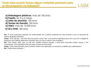 Você sabe quanto tempo alguns materiais precisam para
se decomporem na Natureza?


  a) Embalagens plásticas: mais de 100 anos
  b) Papéis: de 3 a 6 meses
  c) Latas de alumínio: 100 anos
  d) Tampa de Garrafa: 150 anos
  e) Vidro: mais de 10.000 anos
  f) CD e DVD: 180 anos

 ibis: “É muito importante estarmos em conformidade com a política ambiental da nossa empresa e com os requisitos do
 sistema de gestão ambiental.”
 Urubu: “Puxa vida ibis, não tinha ideia de quanto o tema “lixo” é de extrema importância para nós e que com a adoção de
 pequenos novos hábitos poderemos contribuir para um futuro melhor e mais ecológico.”
 ibis: “Sem dúvida. Aliás, aqui na rede ibis, também estamos fazendo a nossa parte buscando sempre separar o lixo
 corretamente. Essa separação é feita em todas as áreas do nosso hotel”
 Urubu: “Estou impressionado. Quero conhecer melhor essa separação e ver de perto o trabalho dos colaboradores”.
 ibis: “Então vamos conhecer...”




                                                                                                        www.latf.com.br
 
