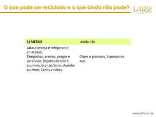 O que pode ser reciclado e o que ainda não pode?




        3) METAIS                         ainda não
        Latas (cerveja e refrigerante
        enlatados)
        Tampinhas, arames, pregos e       Clipes e grampos, Esponjas de
        parafusos. Objetos de cobre,      aço.
        alumínio, bronze, ferro, chumbo
        ou zinco, Canos e tubos.




                                                                          www.latf.com.br
 