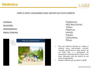 Dinâmica

            LIMPE O HOTEL COLOCANDO CADA LIXO EM SUA CESTA CORRETA:



COZINHA:                                                     Orgânicos:
RECEPÇÃO:                                                    Não Reciclável:
                                                             Vidros:
APARTAMENTO:                                                 Plásticos:
ÁREAS COMUNS:                                                Metais:
                                                             Papeis:
                                                             Lâmpadas:
                                                             Pilhas:

                                               •   Para esta dinâmica deverão ser criados os
                                                   cenários acima mencionados: (cozinha,
                                                   recepção, apartamento e áreas comuns de
                                                   um hotel ibis) e o participante do
                                                   treinamento e-learning deverá limpar essas
                                                   áreas colocando cada lixo dentro da sua
                                                   cesta correspondente.
                                               •   Dúvidas: Pedimos que consultem a LAT&F.


                                                                              www.latf.com.br
 