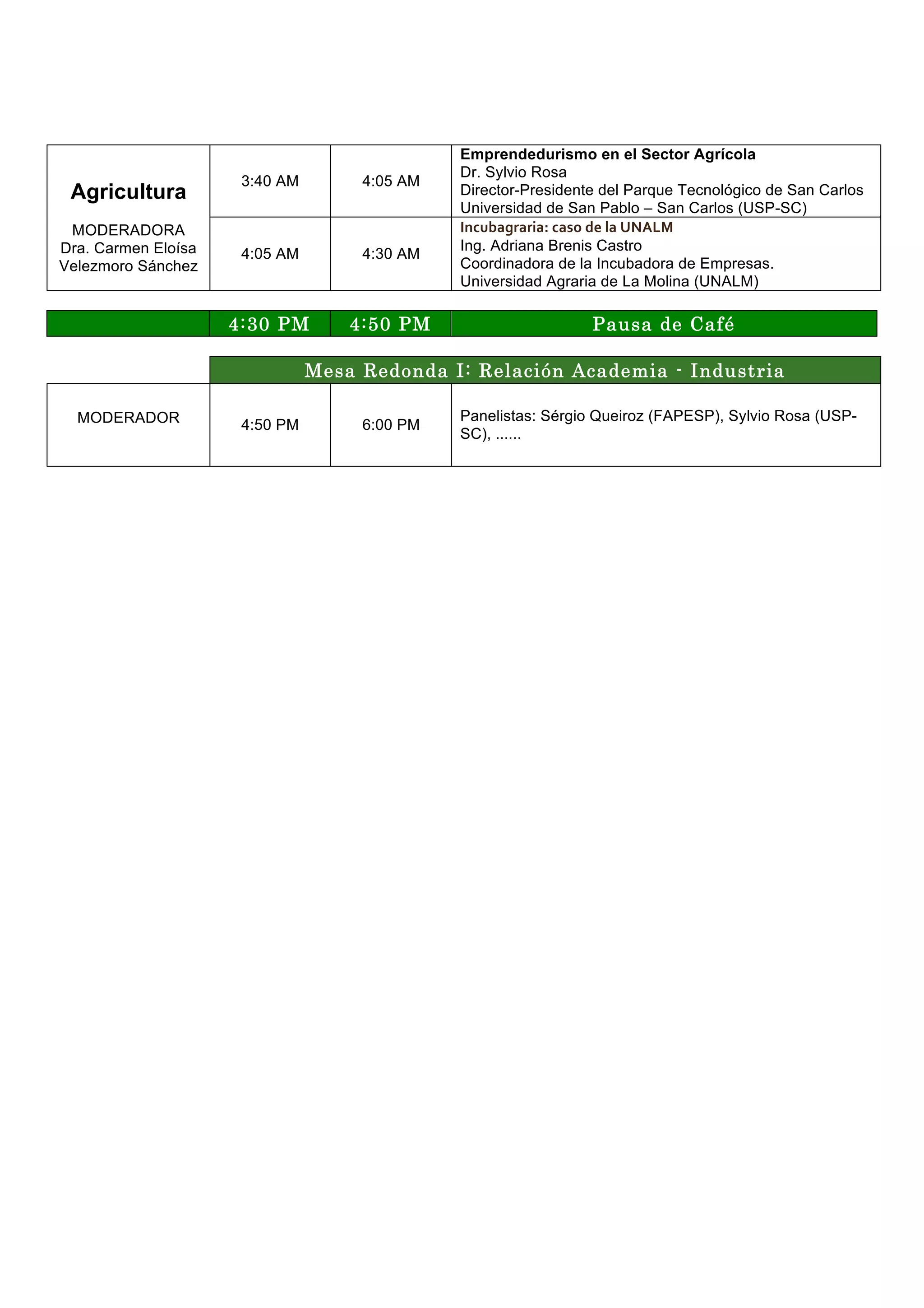 Agricultura
MODERADORA
Dra. Carmen Eloísa
Velezmoro Sánchez
3:40 AM 4:05 AM
Emprendedurismo en el Sector Agrícola
Dr. Sylvio Rosa
Director-Presidente del Parque Tecnológico de San Carlos
Universidad de San Pablo – San Carlos (USP-SC)
4:05 AM 4:30 AM
Incubagraria:	caso	de	la	UNALM	
Ing. Adriana Brenis Castro
Coordinadora de la Incubadora de Empresas.
Universidad Agraria de La Molina (UNALM)
4:30 PM 4:50 PM Pausa de Café
Mesa Redonda I: Relación Academia - Industria
MODERADOR 4:50 PM 6:00 PM
Panelistas: Sérgio Queiroz (FAPESP), Sylvio Rosa (USP-
SC), ......
 