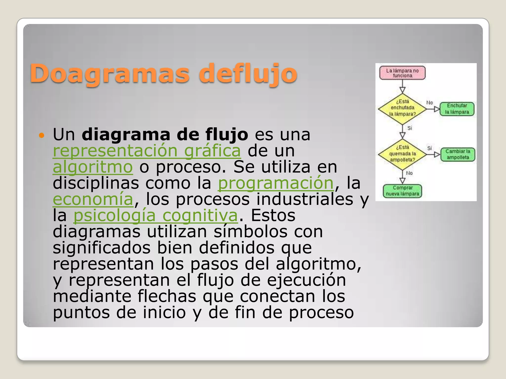Doagramas deflujo

   Un diagrama de flujo es una
    representación gráfica de un
    algoritmo o proceso. Se utiliza en
    disciplinas como la programación, la
    economía, los procesos industriales y
    la psicología cognitiva. Estos
    diagramas utilizan símbolos con
    significados bien definidos que
    representan los pasos del algoritmo,
    y representan el flujo de ejecución
    mediante flechas que conectan los
    puntos de inicio y de fin de proceso
 