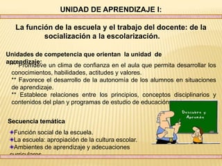 UNIDAD DE APRENDIZAJE I:

   La función de la escuela y el trabajo del docente: de la
           socialización a la escolarización.

Unidades de competencia que orientan la unidad de
aprendizaje:
  ** Promueve un clima de confianza en el aula que permita desarrollar los
  conocimientos, habilidades, actitudes y valores.
  ** Favorece el desarrollo de la autonomía de los alumnos en situaciones
  de aprendizaje.
  ** Establece relaciones entre los principios, conceptos disciplinarios y
  contenidos del plan y programas de estudio de educación básica.


Secuencia temática
  Función social de la escuela.
  La escuela: apropiación de la cultura escolar.
  Ambientes de aprendizaje y adecuaciones
 curriculares
 