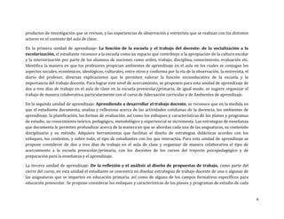 productos de investigación que se revisan, y las experiencias de observación y entrevista que se realizan con los distintos
actores en el contexto del aula de clase.
En la primera unidad de aprendizaje: La función de la escuela y el trabajo del docente: de la socialización a la
escolarización, el estudiante reconoce a la escuela como un espacio que contribuye a la apropiación de la cultura escolar
y la interiorización por parte de los alumnos de nociones como orden, trabajo, disciplina, conocimiento, evaluación etc.
Identifica la manera en que los profesores propician ambientes de aprendizaje en el aula en los cuales se conjugan los
aspectos sociales, económicos, ideológicos, culturales, entre otros y conforma por la vía de la observación, la entrevista, el
diario del profesor, diversas explicaciones que le permiten valorar la función socioeducativa de la escuela y la
importancia del trabajo docente. Para lograr este nivel de acercamiento, se proponen para esta unidad de aprendizaje de
dos a tres días de trabajo en el aula de clase en la escuela preescolar/primaria, de igual modo, se sugiere organizar el
trabajo de manera colaborativa, particularmente con el curso de Adecuación curricular y de Ambientes de aprendizaje.
En la segunda unidad de aprendizaje: Aprendiendo a desarrollar el trabajo docente, se reconoce que en la medida en
que el estudiante documenta, analiza y reflexiona acerca de las actividades cotidianas de la docencia, los ambientes de
aprendizaje, la planificación, las formas de evaluación, así como los enfoques y características de los planes y programas
de estudio, su conocimiento teórico, pedagógico, metodológico y experiencial se incrementa. Las estrategias de enseñanza
que documenta le permiten profundizar acerca de la manera en que se abordan cada una de las asignaturas, su contenido
disciplinario y su método. Adquiere herramientas que facilitan el diseño de estrategias didácticas acordes con los
enfoques, los contextos, y sobre todo, el tipo de estudiantes con los que interactúa. Para esta unidad de aprendizaje se
propone considerar de dos a tres días de trabajo en el aula de clase y organizar de manera colaborativa el tipo de
acercamiento a la escuela preescolar/primaria, con los docentes de los cursos del trayecto psicopedagógico y de
preparación para la enseñanza y el aprendizaje.
La tercera unidad de aprendizaje: De la reflexión y el análisis al diseño de propuestas de trabajo, como parte del
cierre del curso, en esta unidad el estudiante se concentra en diseñar estrategias de trabajo docente de una o algunas de
las asignaturas que se imparten en educación primaria, así como de alguno de los campos formativos específicos para
educación preescolar. Se propone considerar los enfoques y características de los planes y programas de estudio de cada

6

 